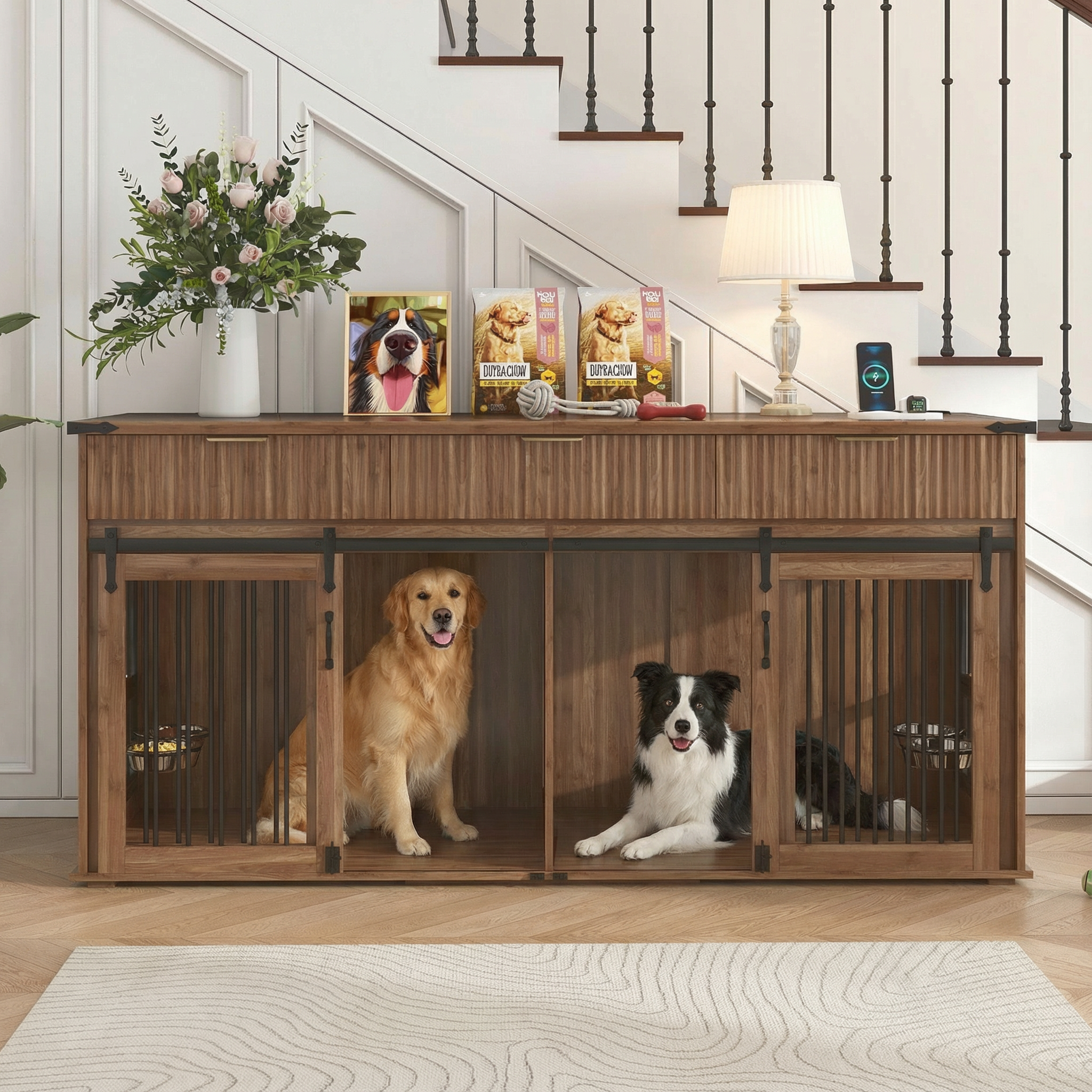 71 Inch Double Dog Crate Furniture - Dark Brown
