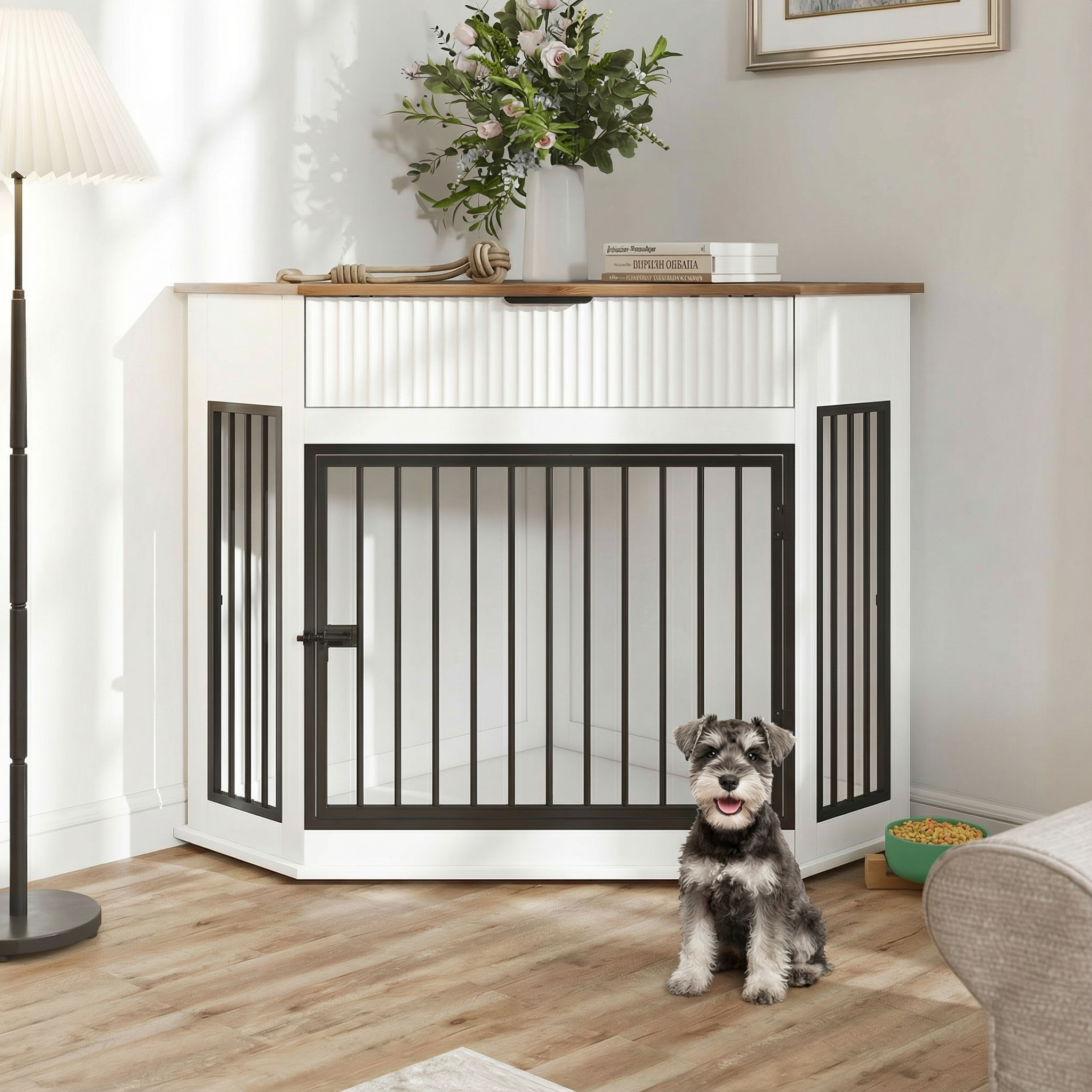 White Corner Dog Bed with Drawer - Small Medium Dogs