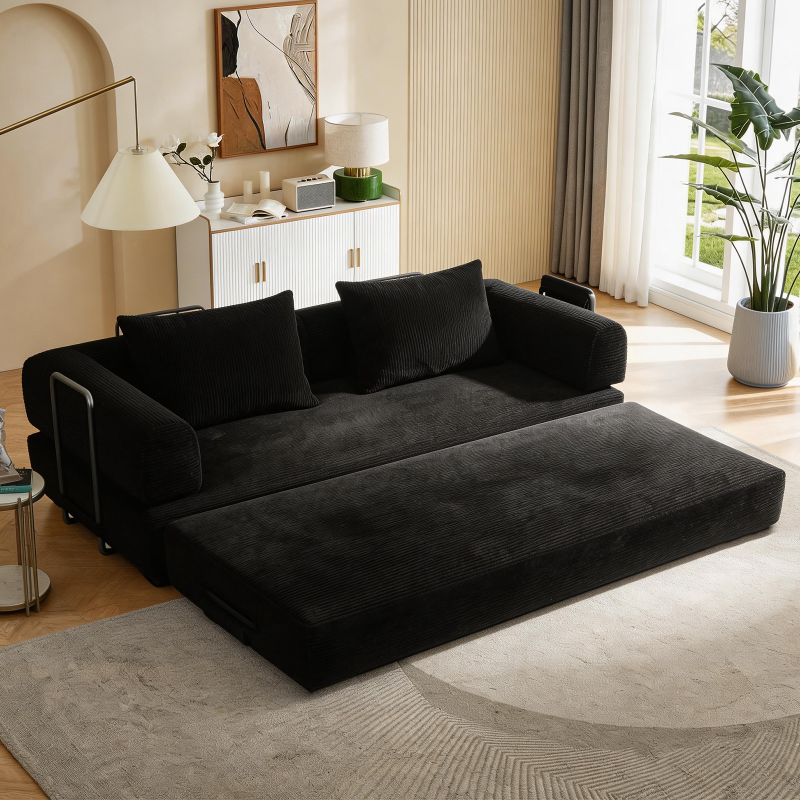 78 Inch Black Corduroy Sofa Bed - Fold Out Sleeper