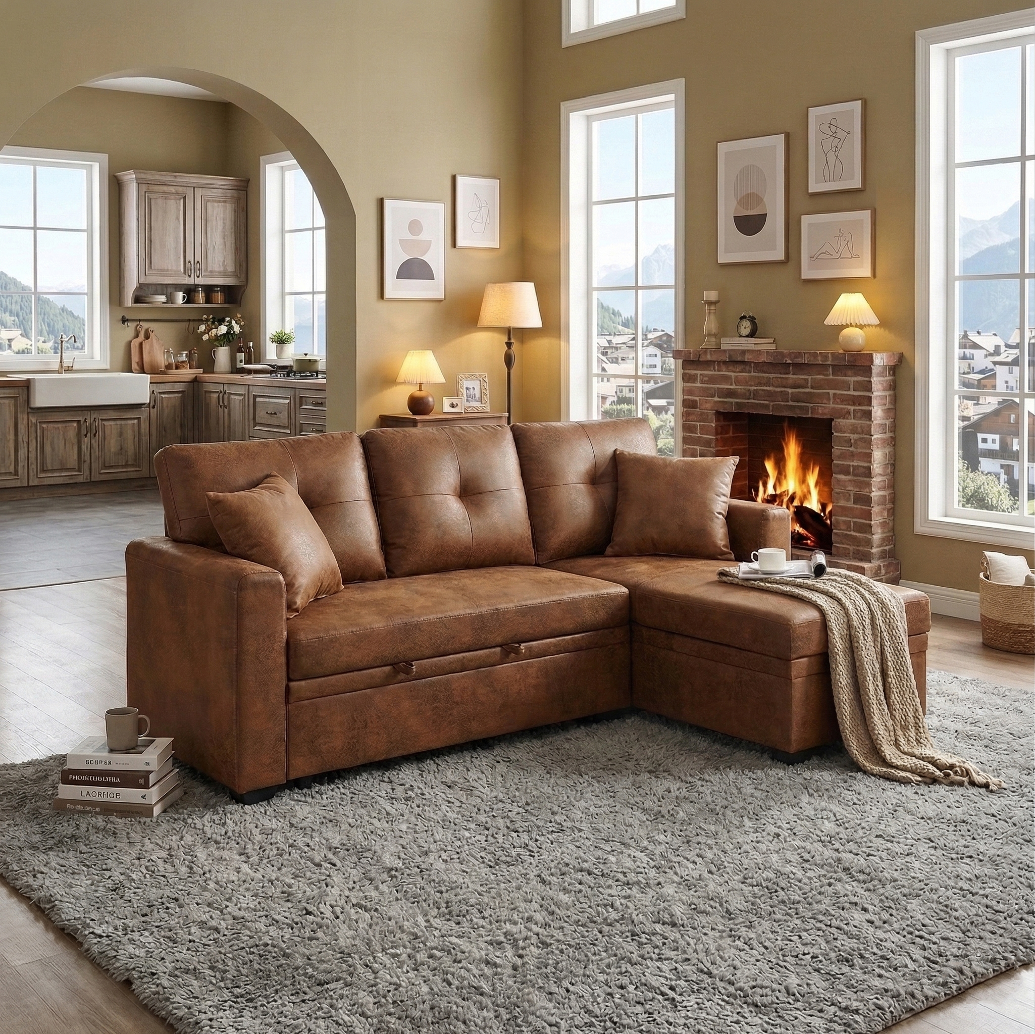 Light Brown Sectional Sofa Bed - Pull Out Sleeper