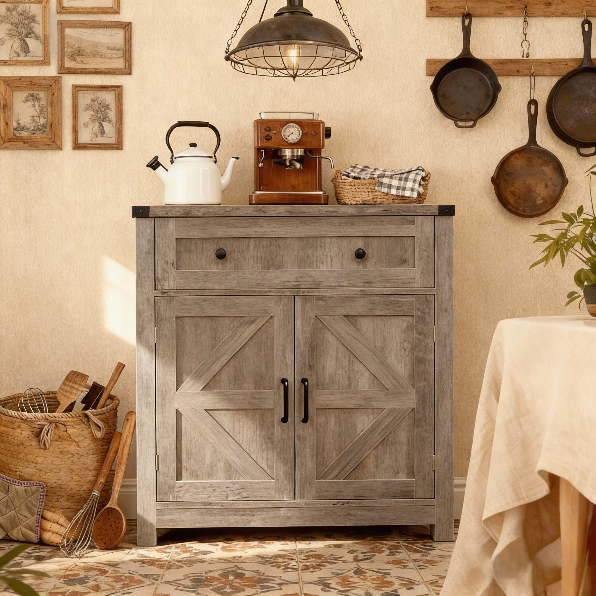 Light Gray Farmhouse Sideboard with Barn Door