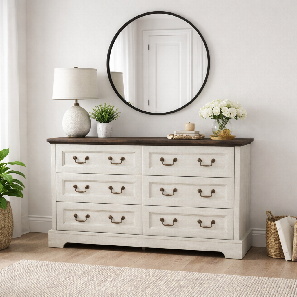 Antique Gray 6-Drawer Farmhouse Dresser - Bedroom Storage