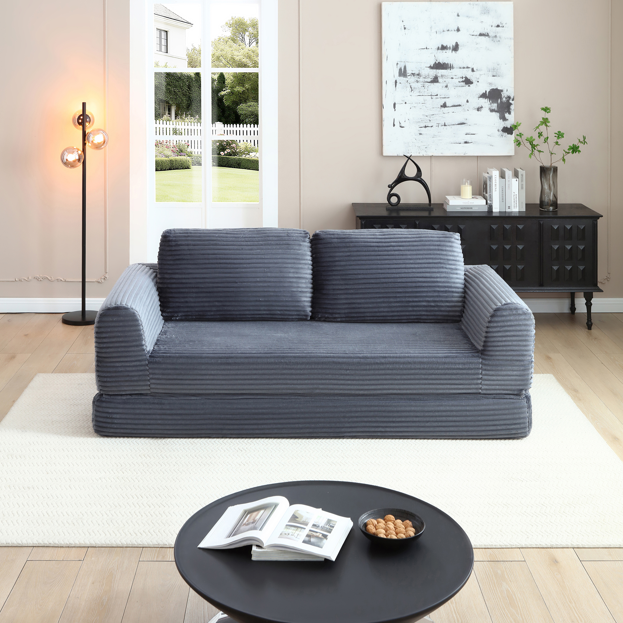 Grey Corduroy Sofa Bed - Modern 2-in-1 Futon