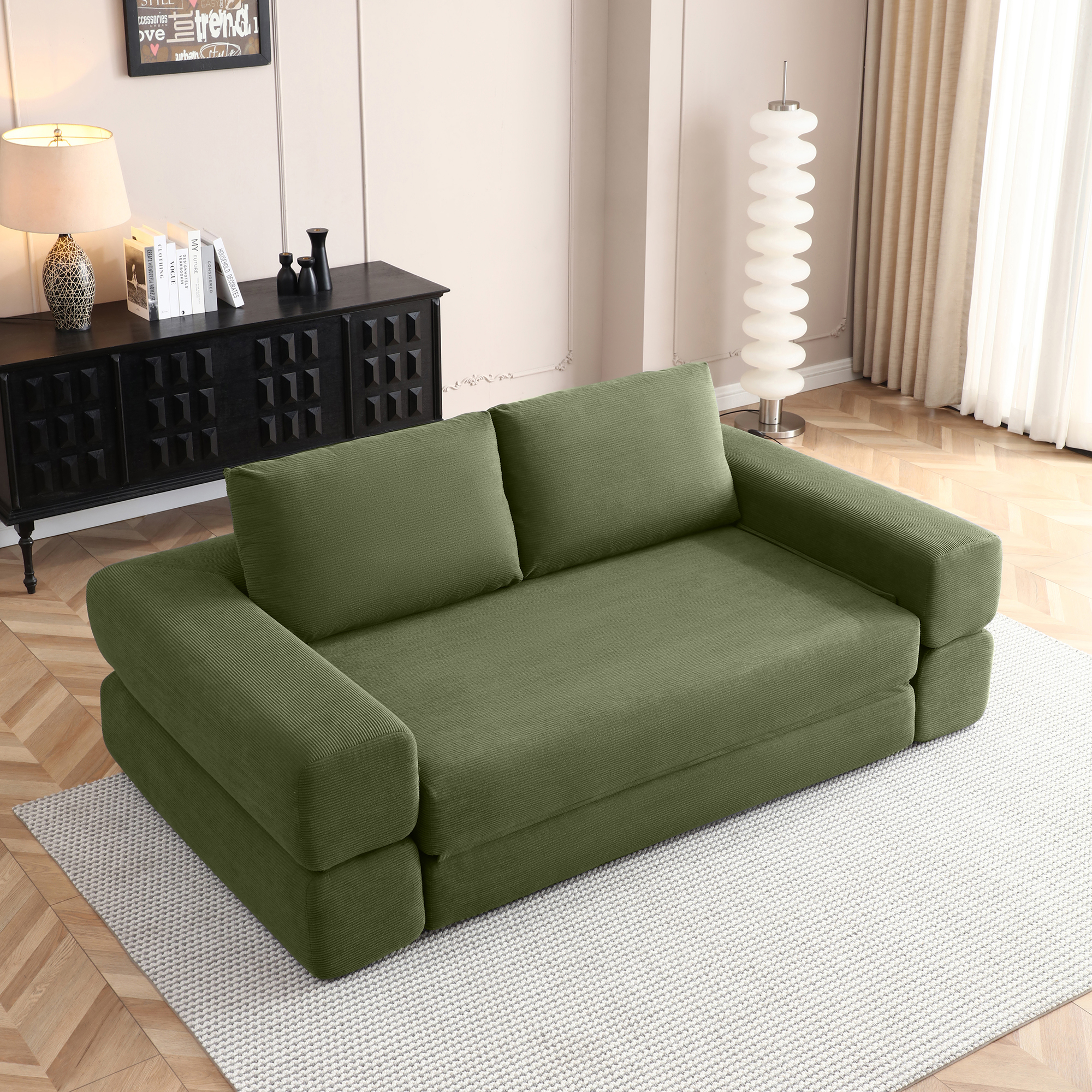 Green Corduroy Folding Sofa Bed - 3 in 1 Loveseat