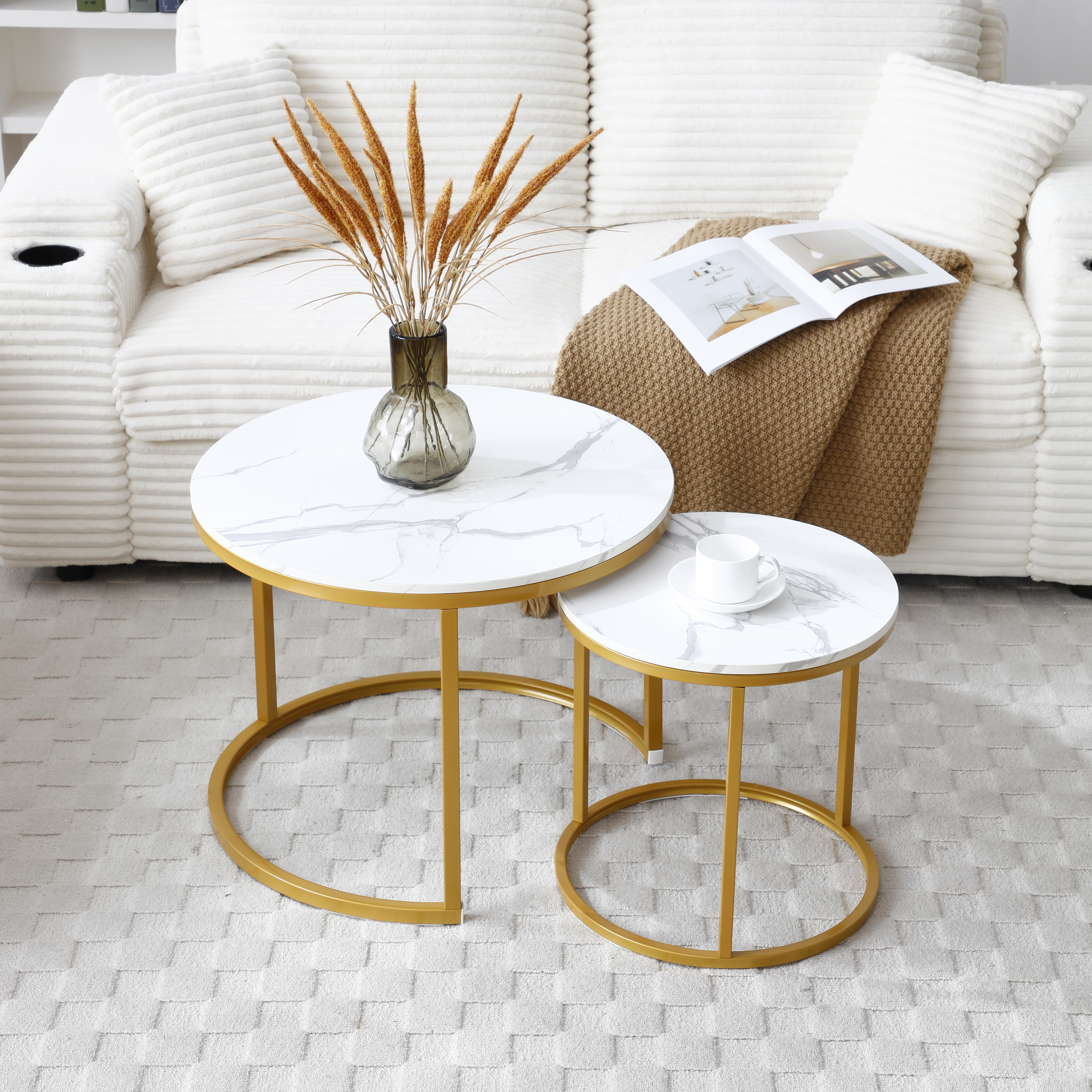 White Gray Round Coffee Table Set Nesting Tables