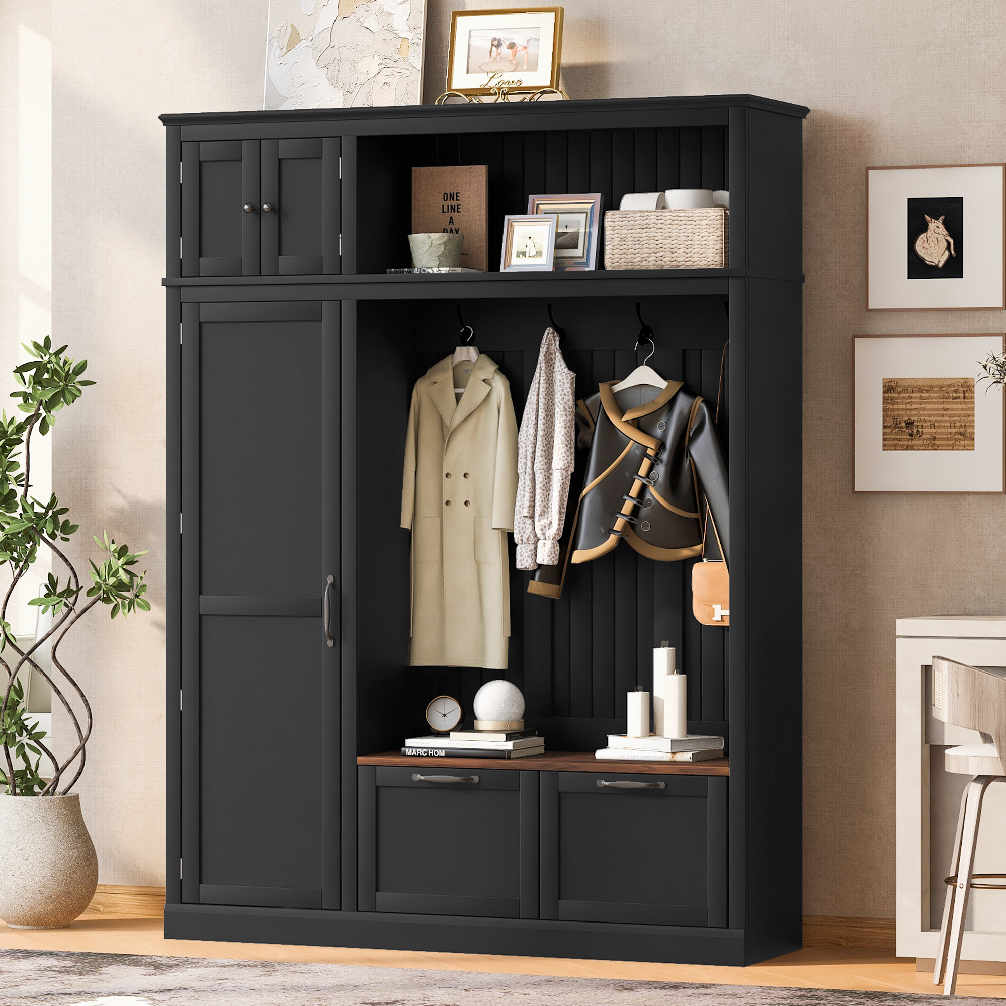 Black MDF Hall Tree with Storage Bench