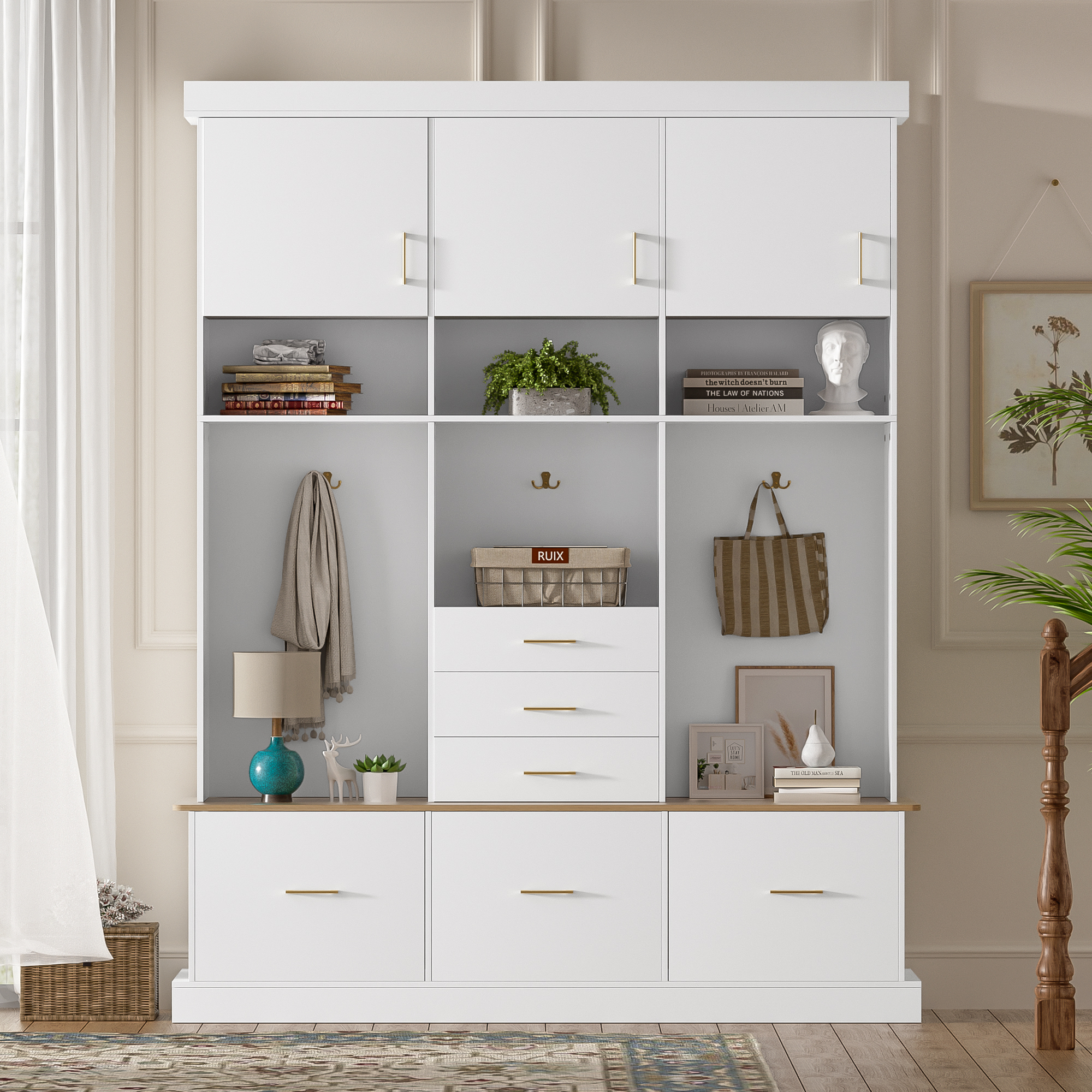 White Hall Tree with Bench and Storage for Entryway