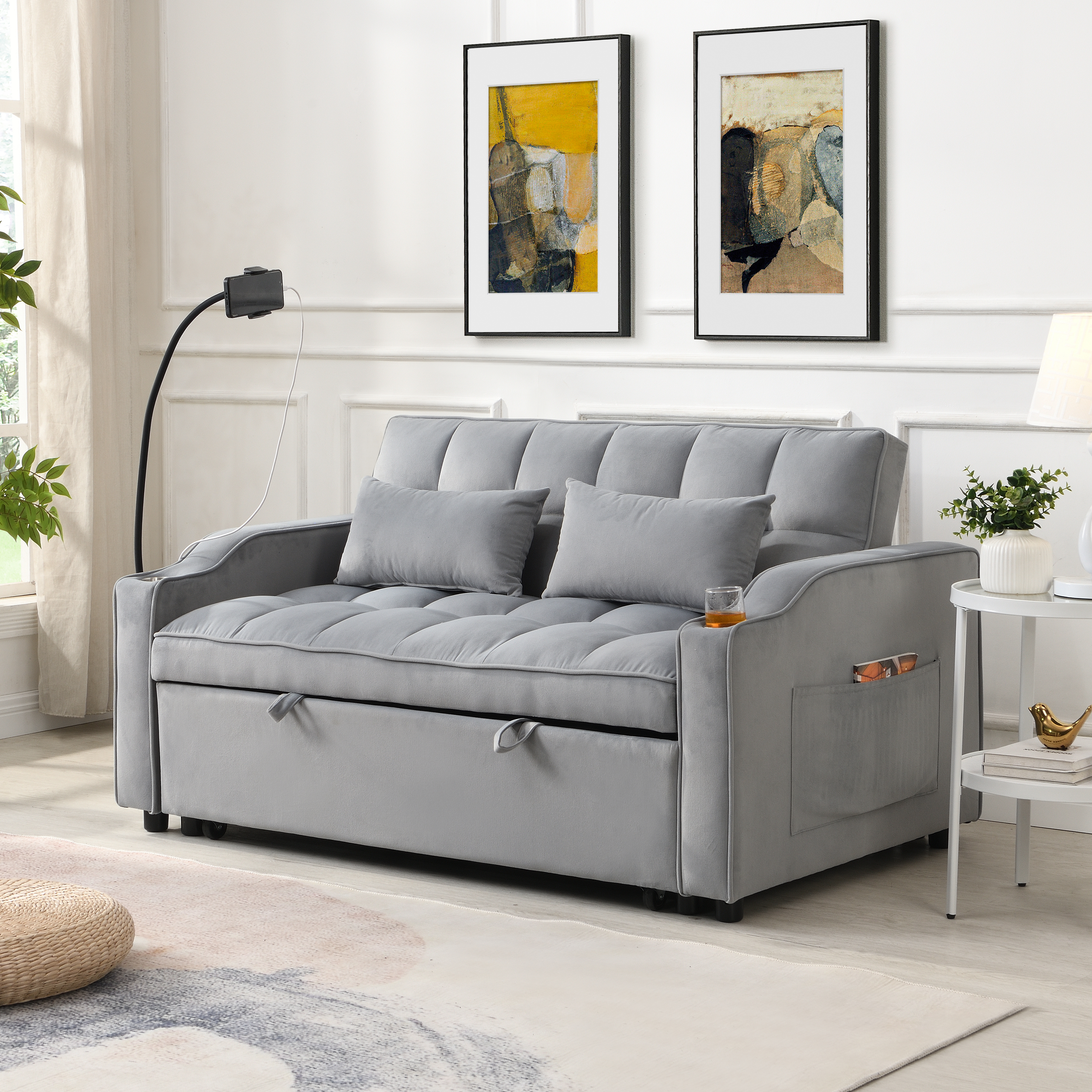 Light Gray Velvet 2 Seat Sofa Bed - Sleeper Futon