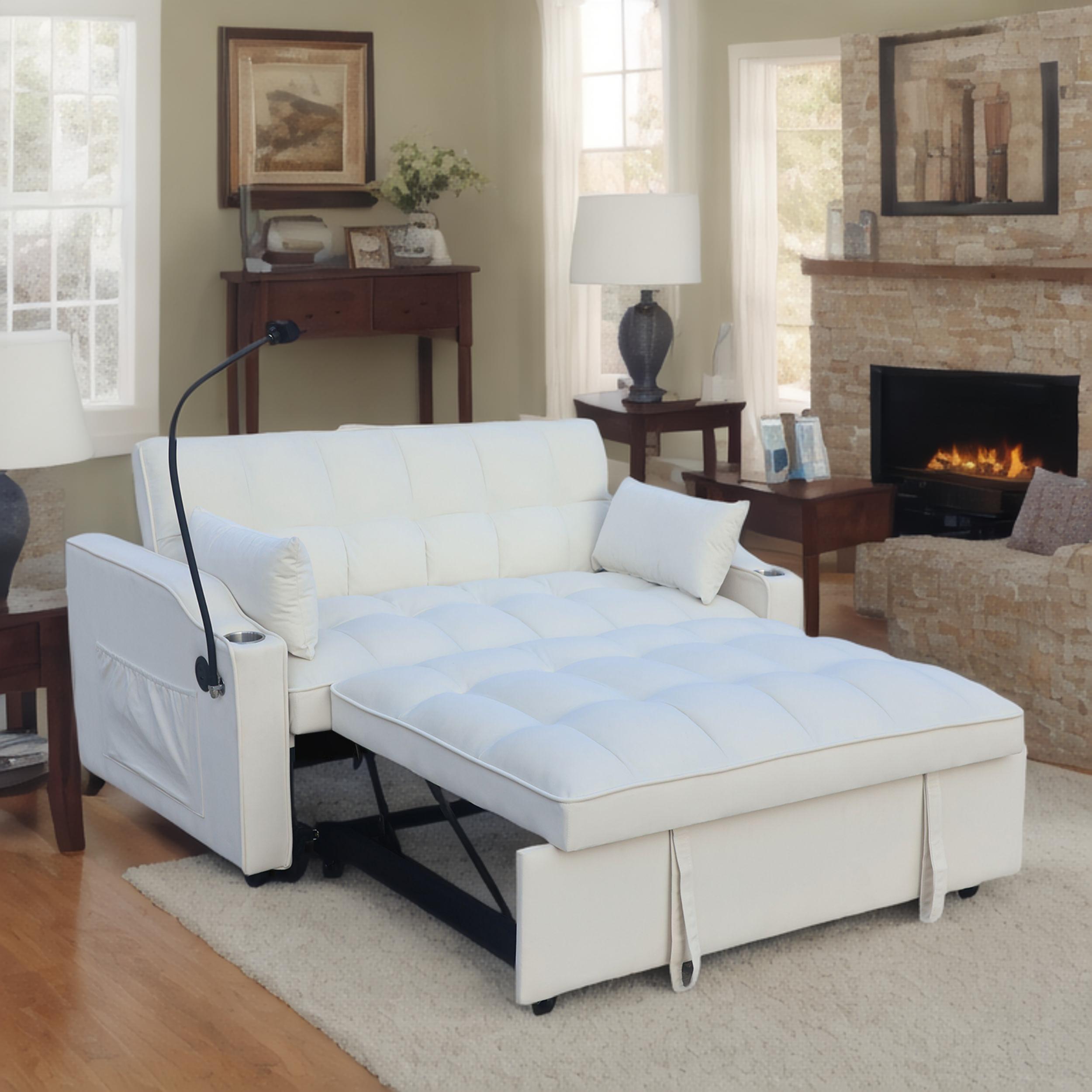 Full Size Velvet Sofa Bed - Beige Sleeper Couch
