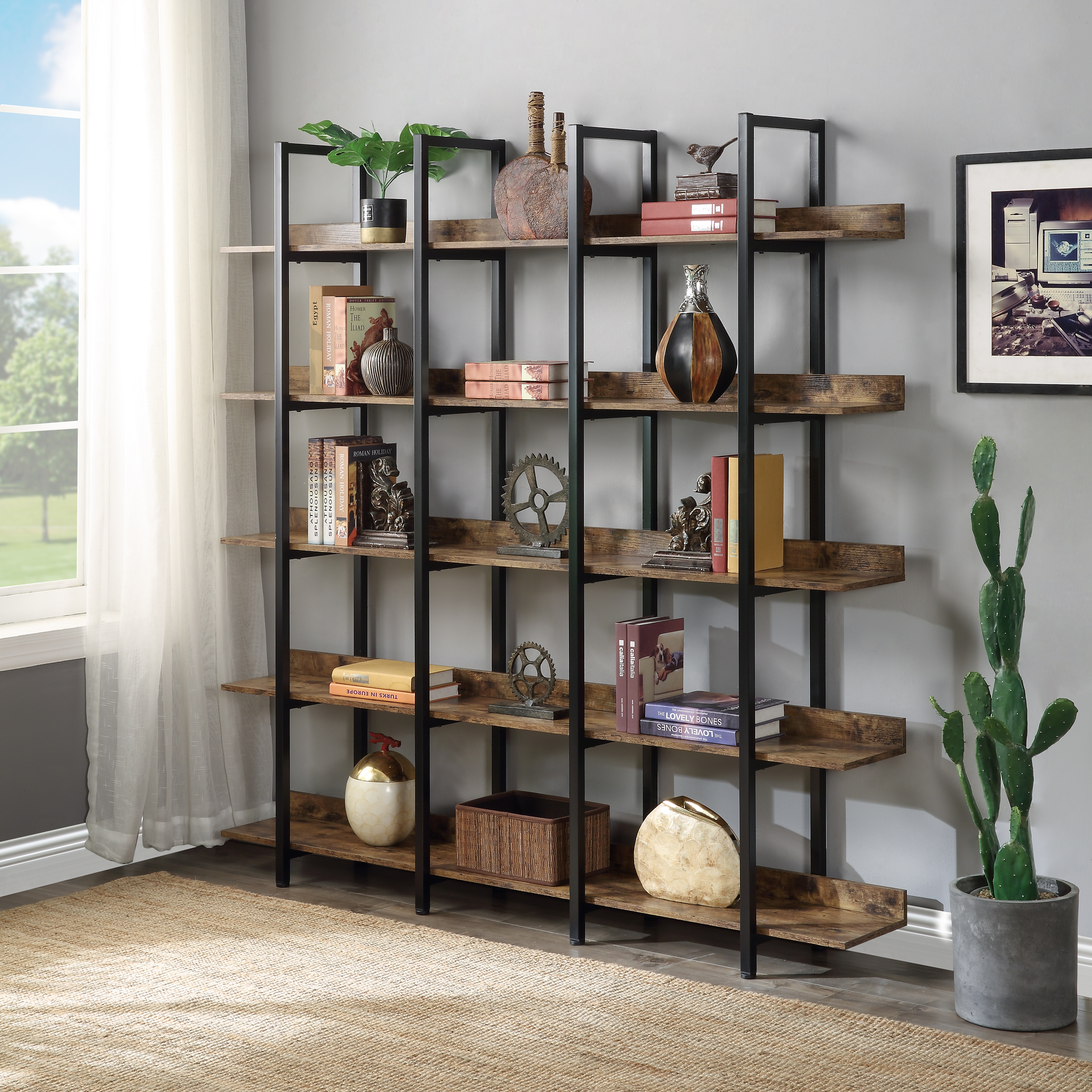 Brown Five Tier Bookshelf with Steel Frame for Living Room Display