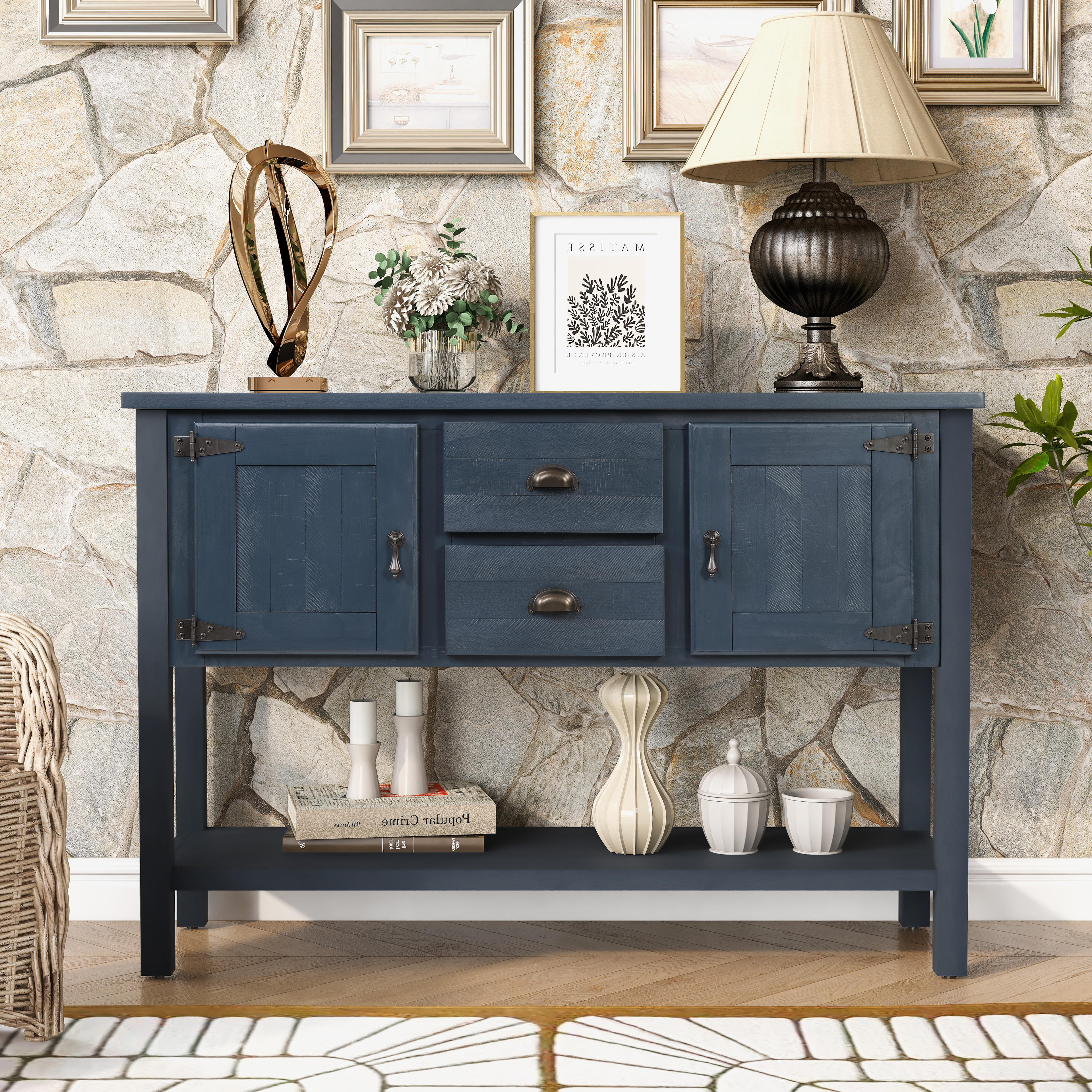 Navy Blue Pine Console Table - 46" Sideboard Buffet