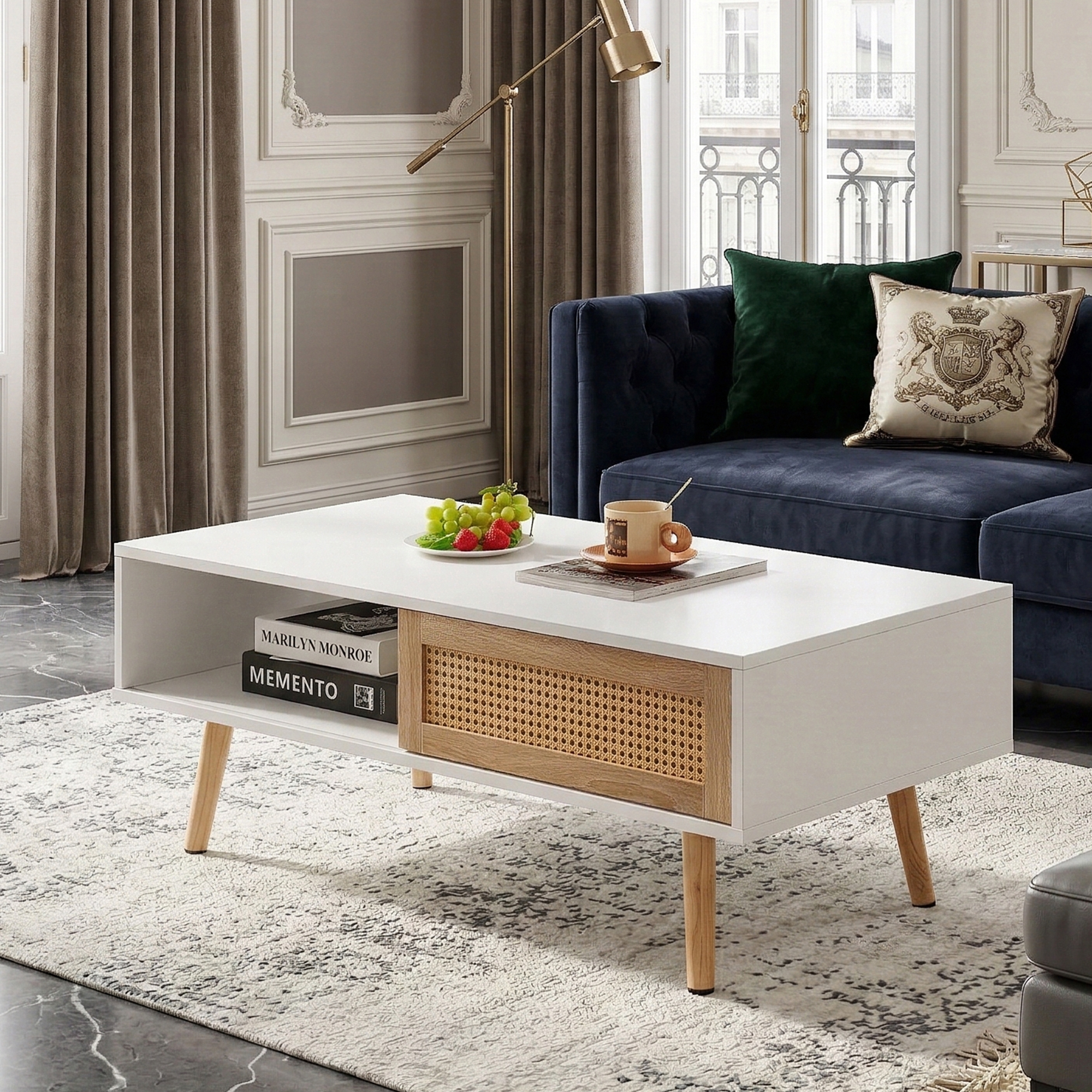 White Rattan Coffee Table with Storage - 41.34" x 21.65"
