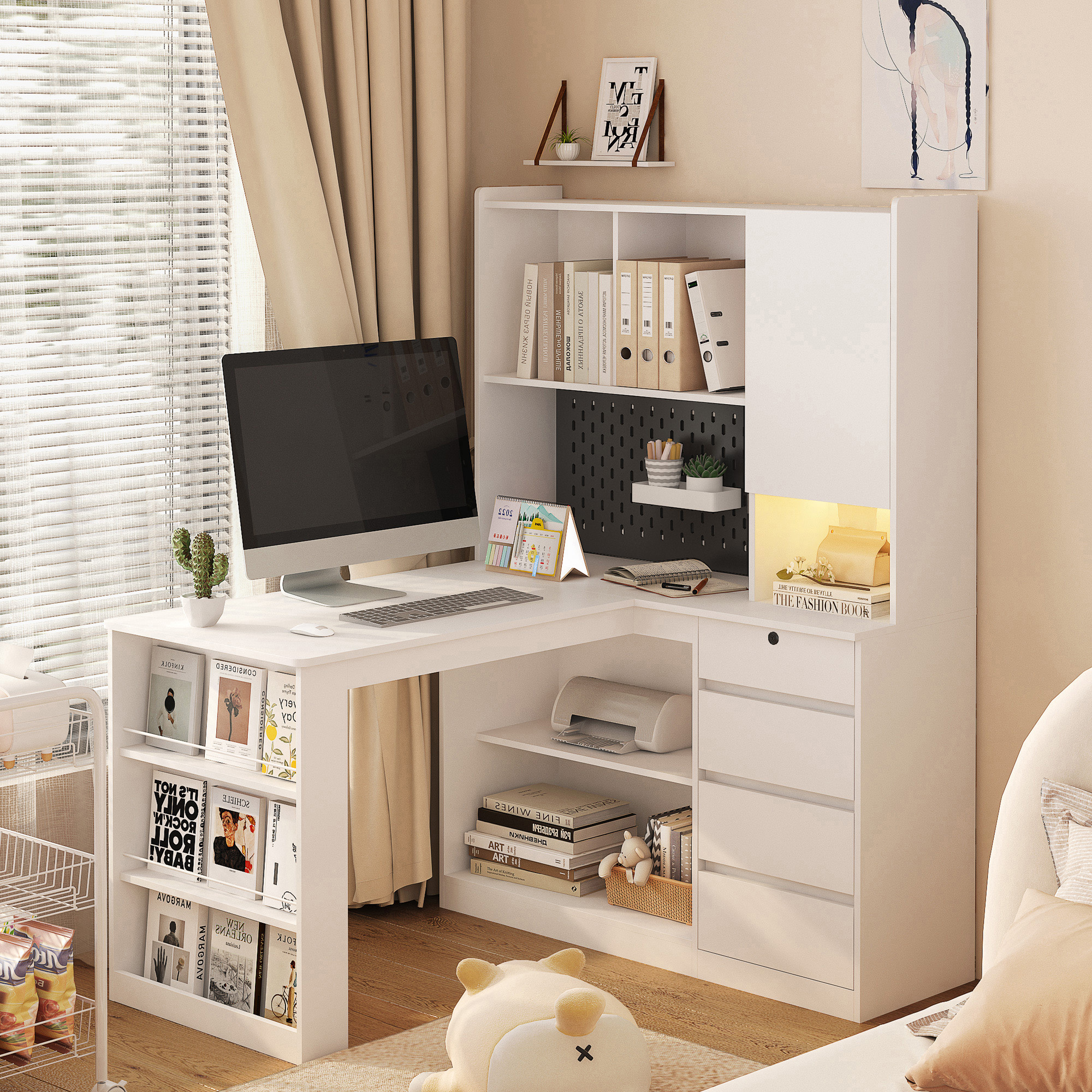 White L-Shaped Corner Desk with Charging Station