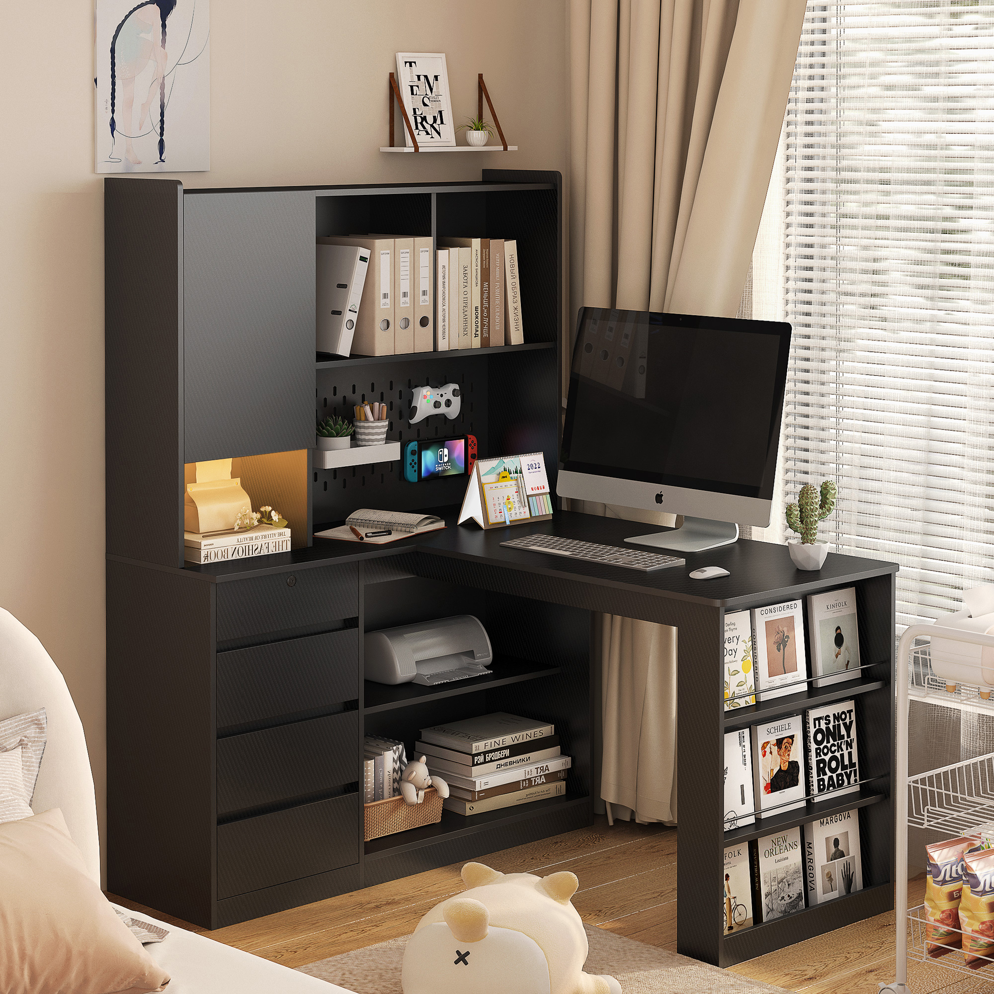 Black L-Shaped Computer Desk with Storage Cabinet