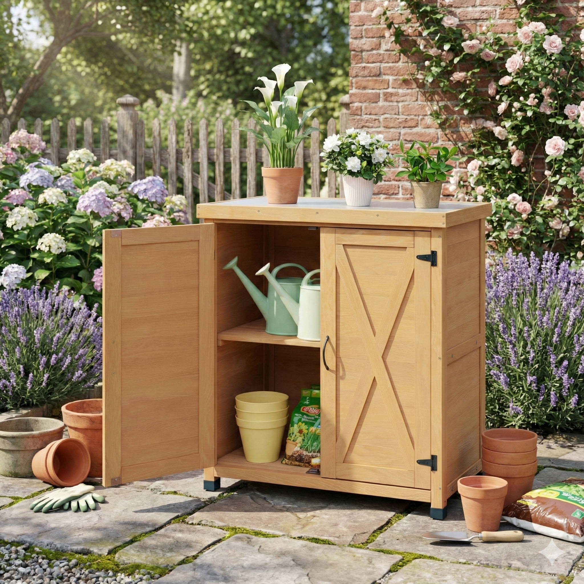 Light Brown Solid Wood Potting Bench Table Outdoor Storage