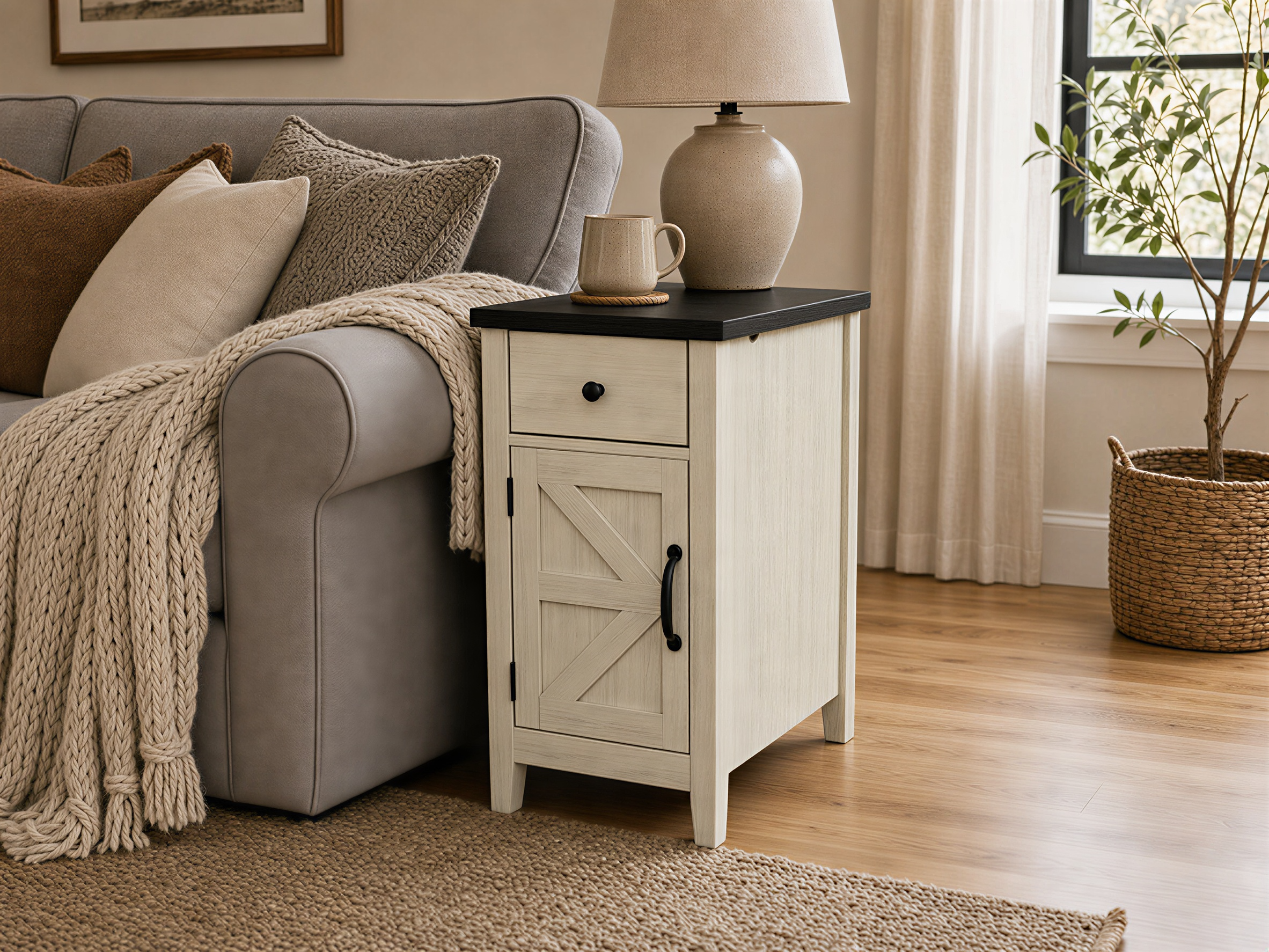 White+Black Farmhouse Nightstand with Drawer & Charging