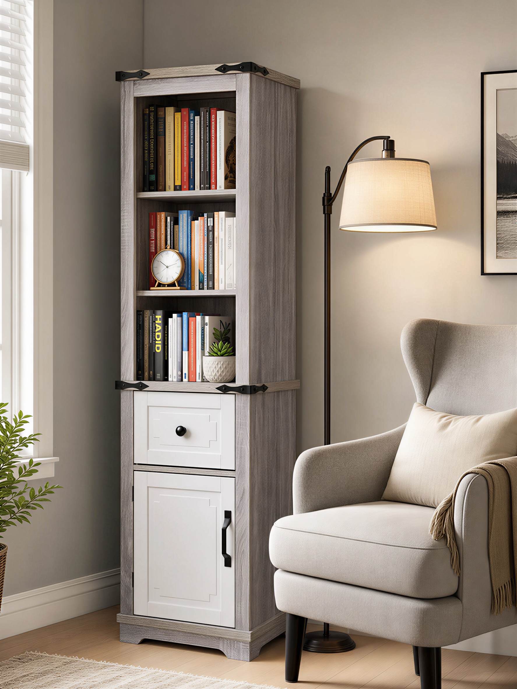 Grey White Farmhouse Linen Tower Cabinet - Adjustable Shelves