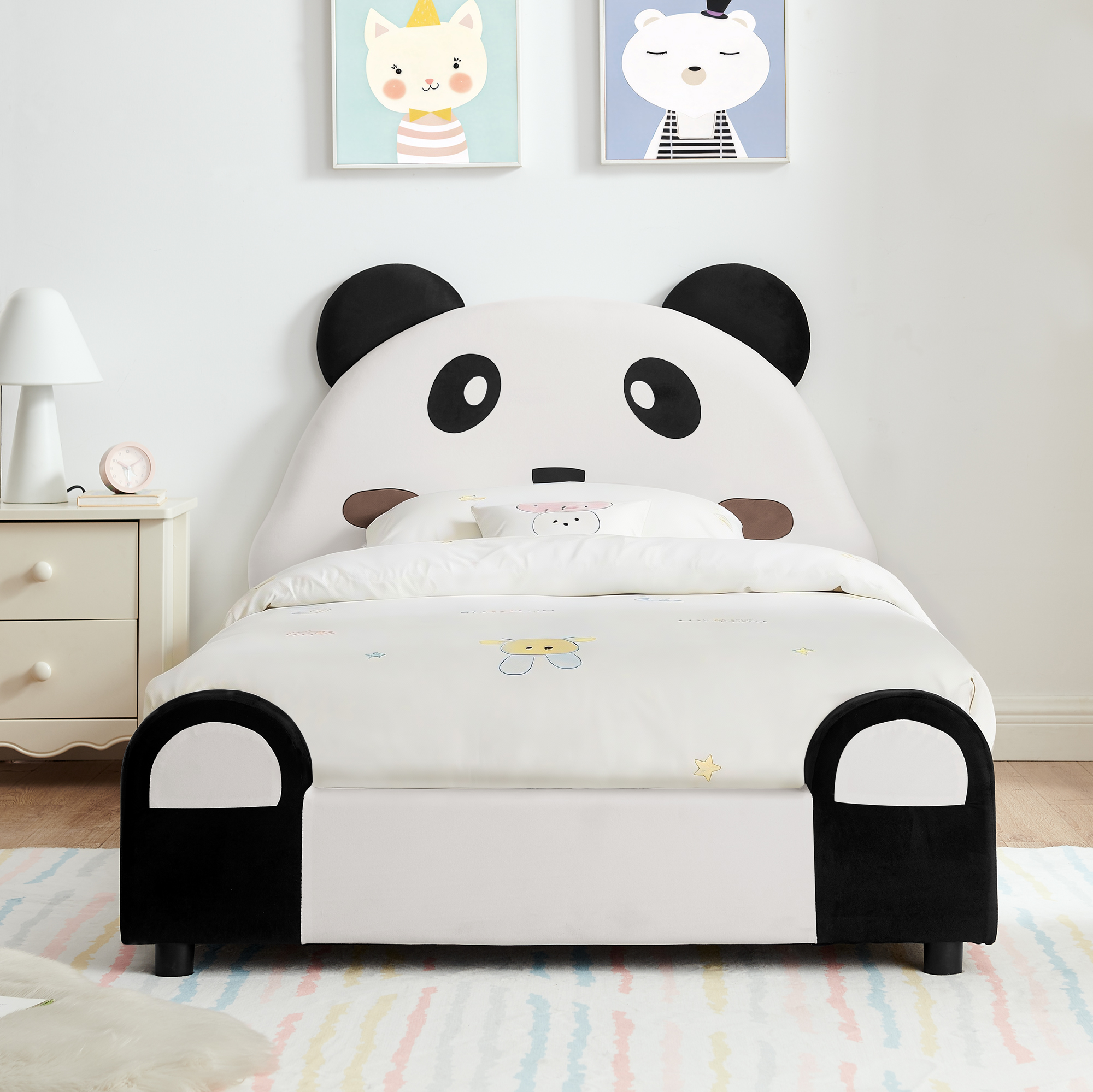 Cute Twin Panda Kids Bed with Velvet Fabric