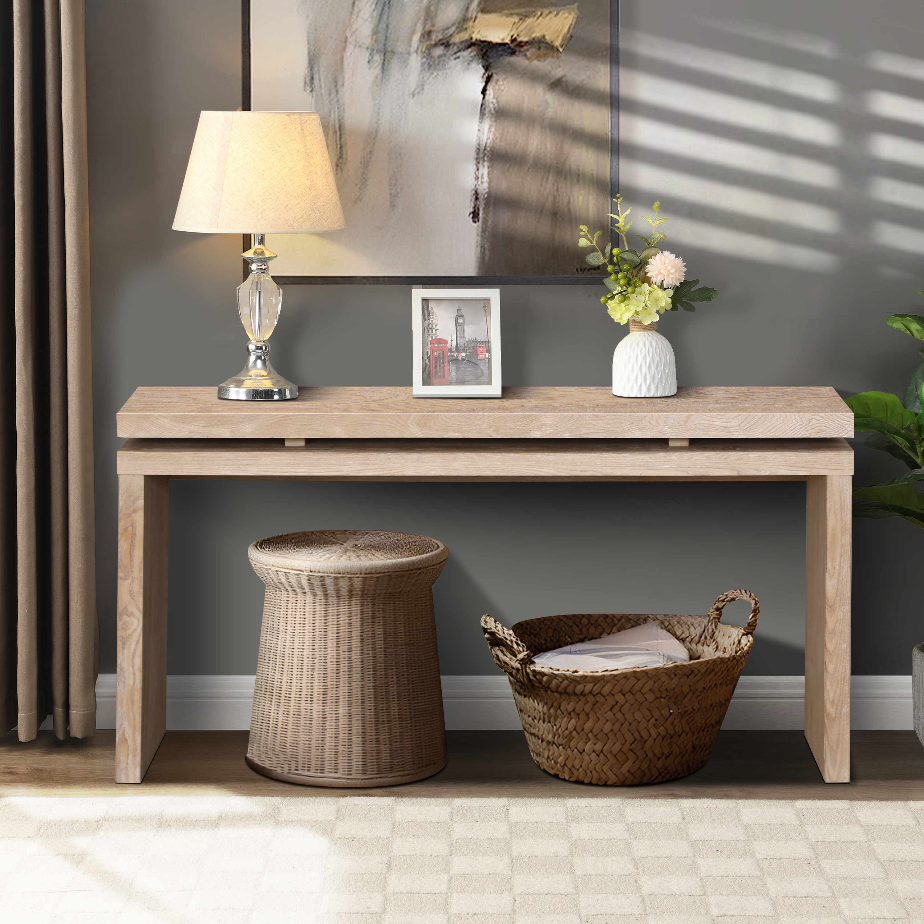 60" Antique Natural Farmhouse Console Table - Retro Wooden Entryway Table