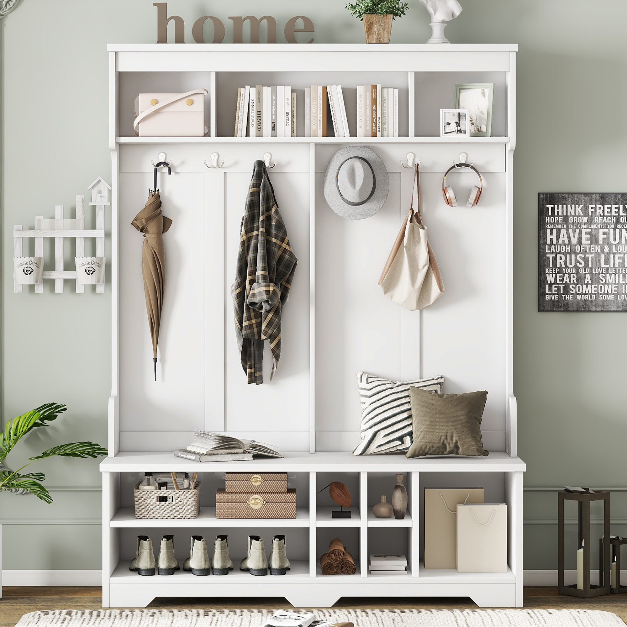 White Hall Tree with Hooks & Shoe Storage