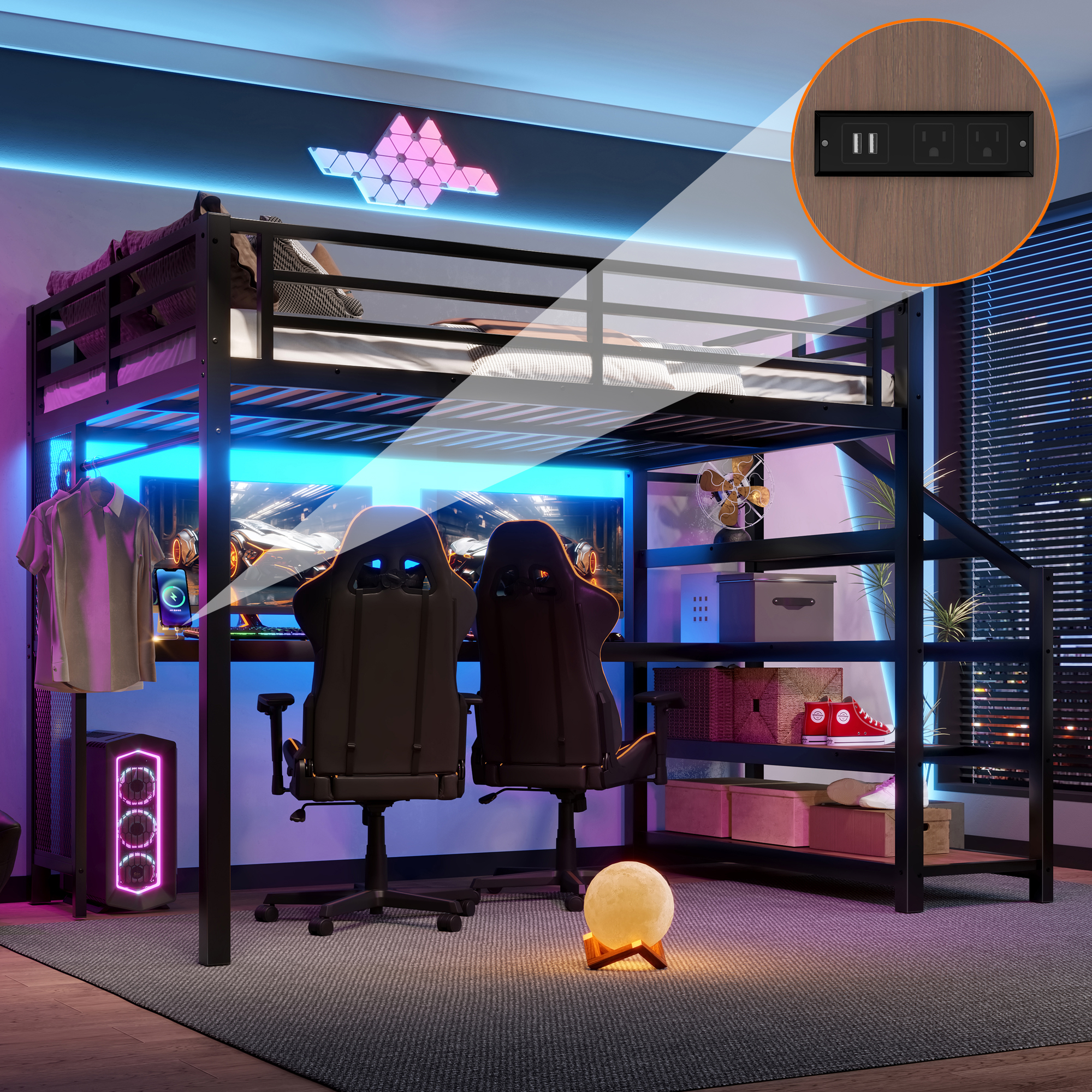 Full Loft Bed with Desk & Storage - Black MDF Metal