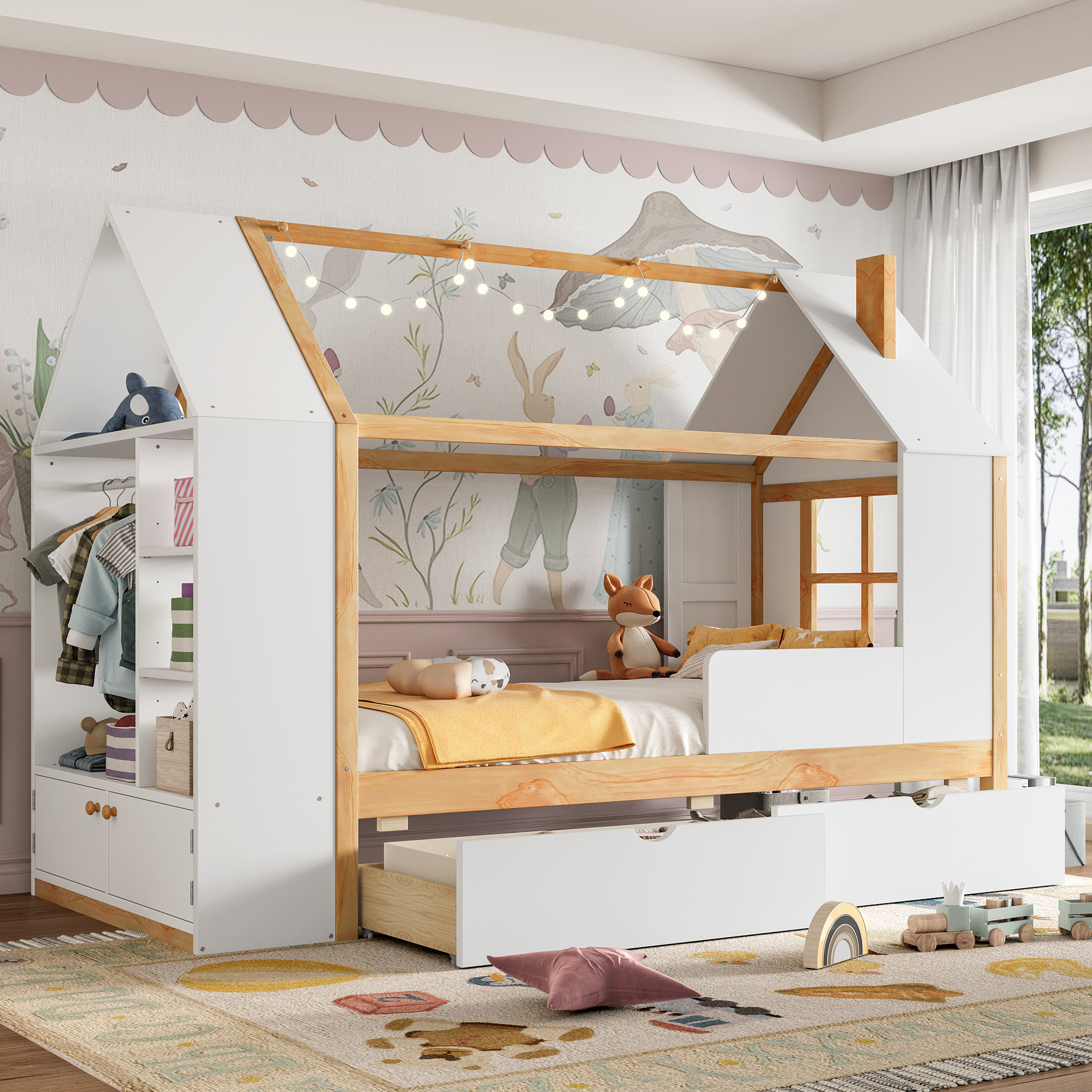 Twin Size House Platform Bed with Drawers & Storage