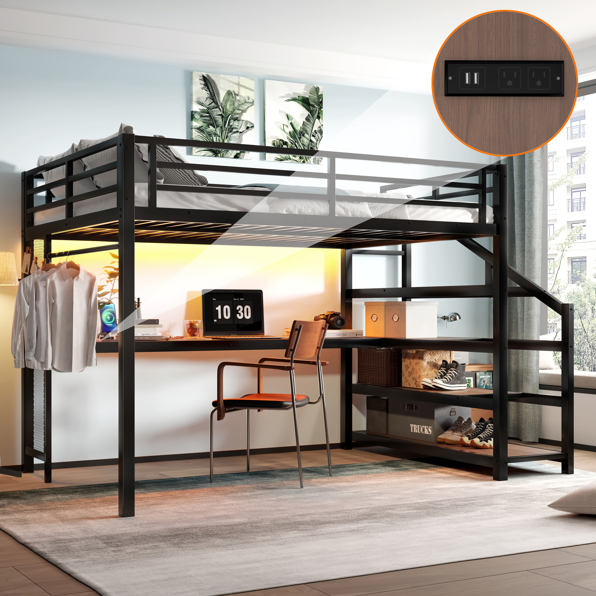 Queen Loft Bed with Desk & Storage - Black Metal Frame