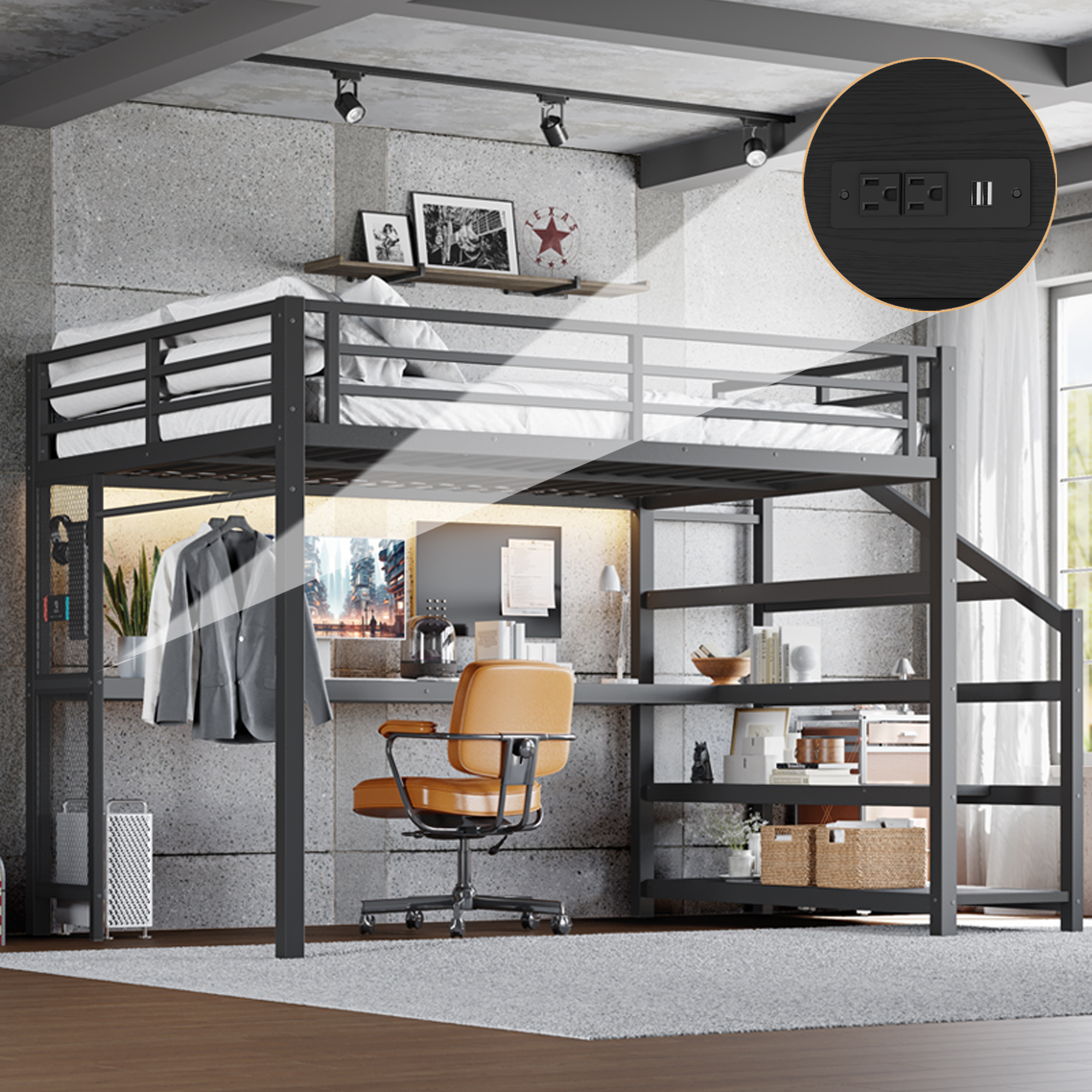Queen Loft Bed with Desk & Storage - Black Metal Frame