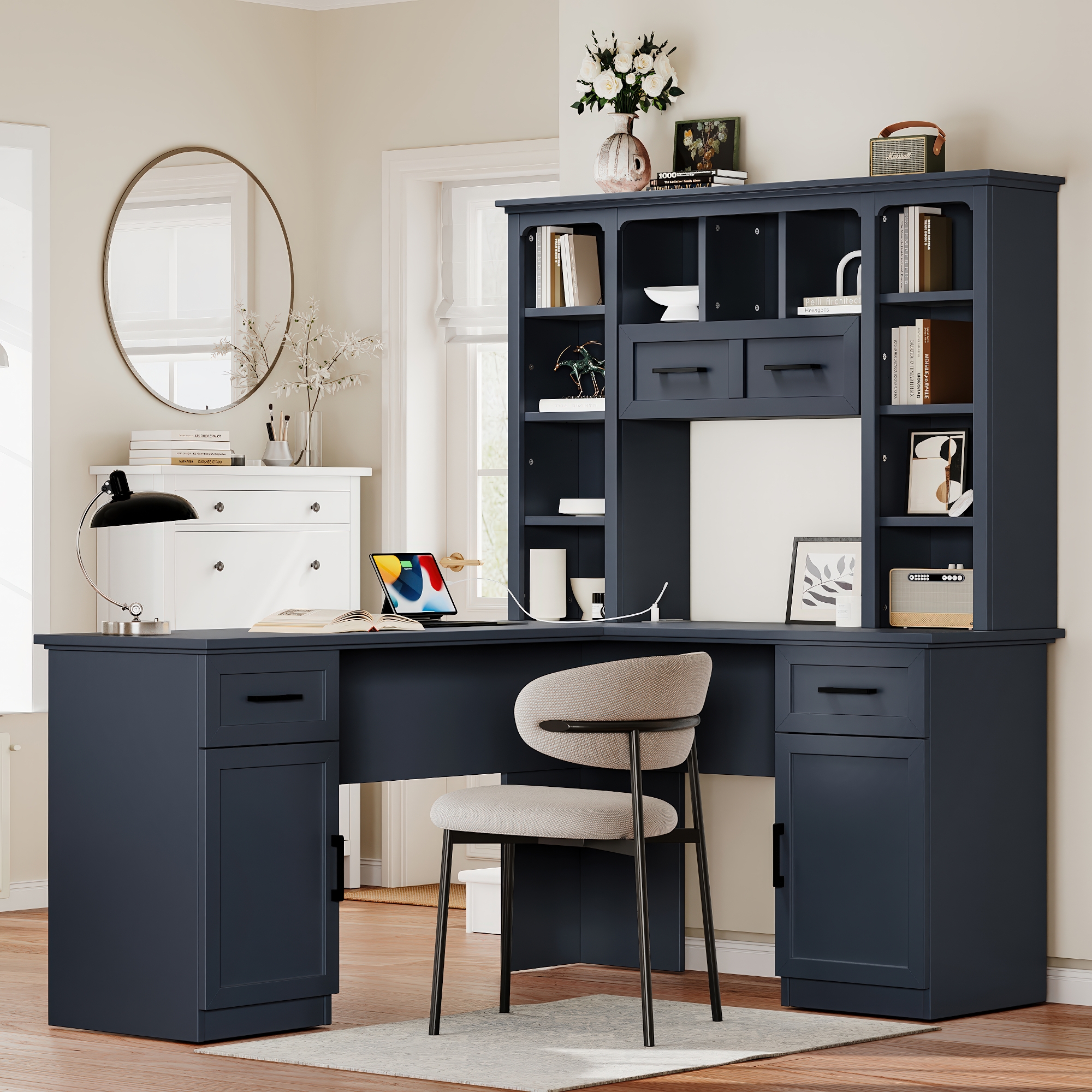 Antique Blue L-Shaped Computer Desk with Storage