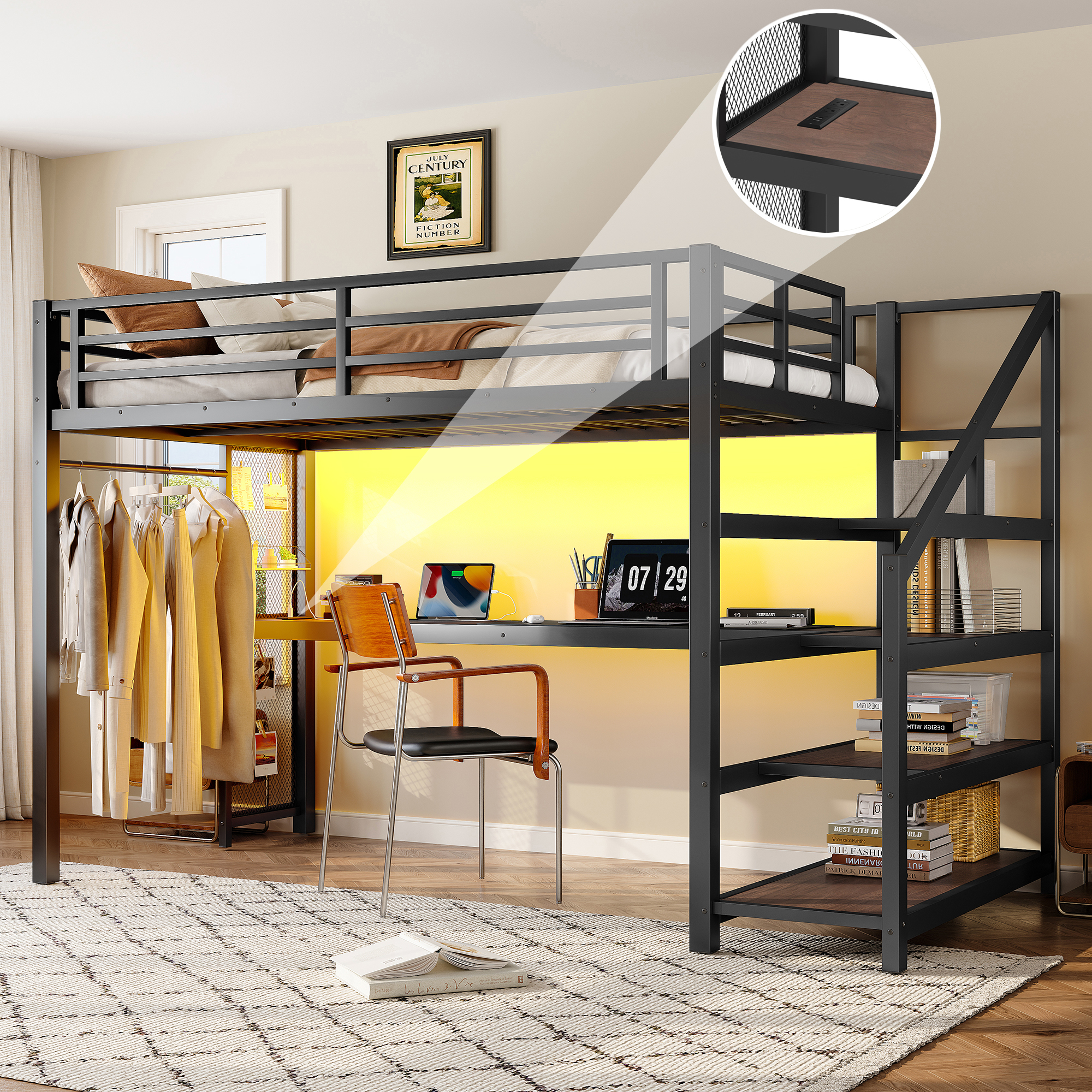 Twin XL Loft Bed with Desk & Storage - Black Metal Frame