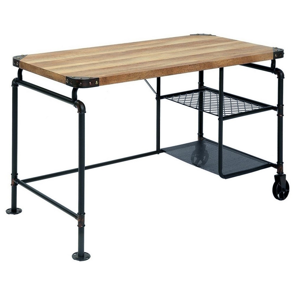 Black Brown Industrial Writing Desk with Caster Wheels