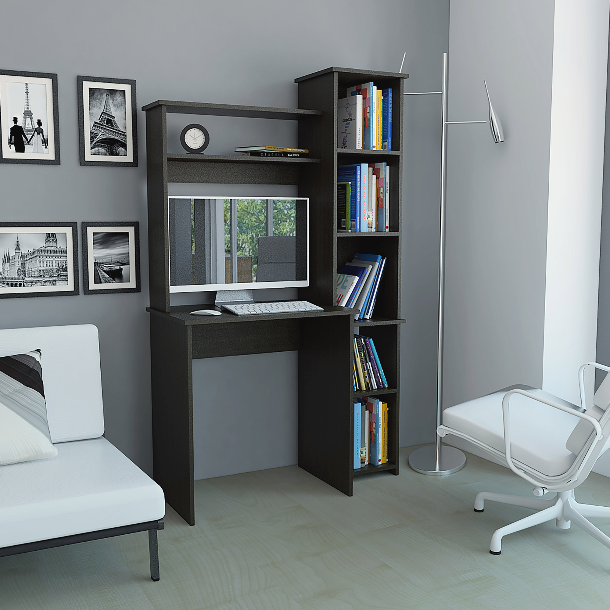 Wenge 6 Shelf Writing Desk with Bookcase