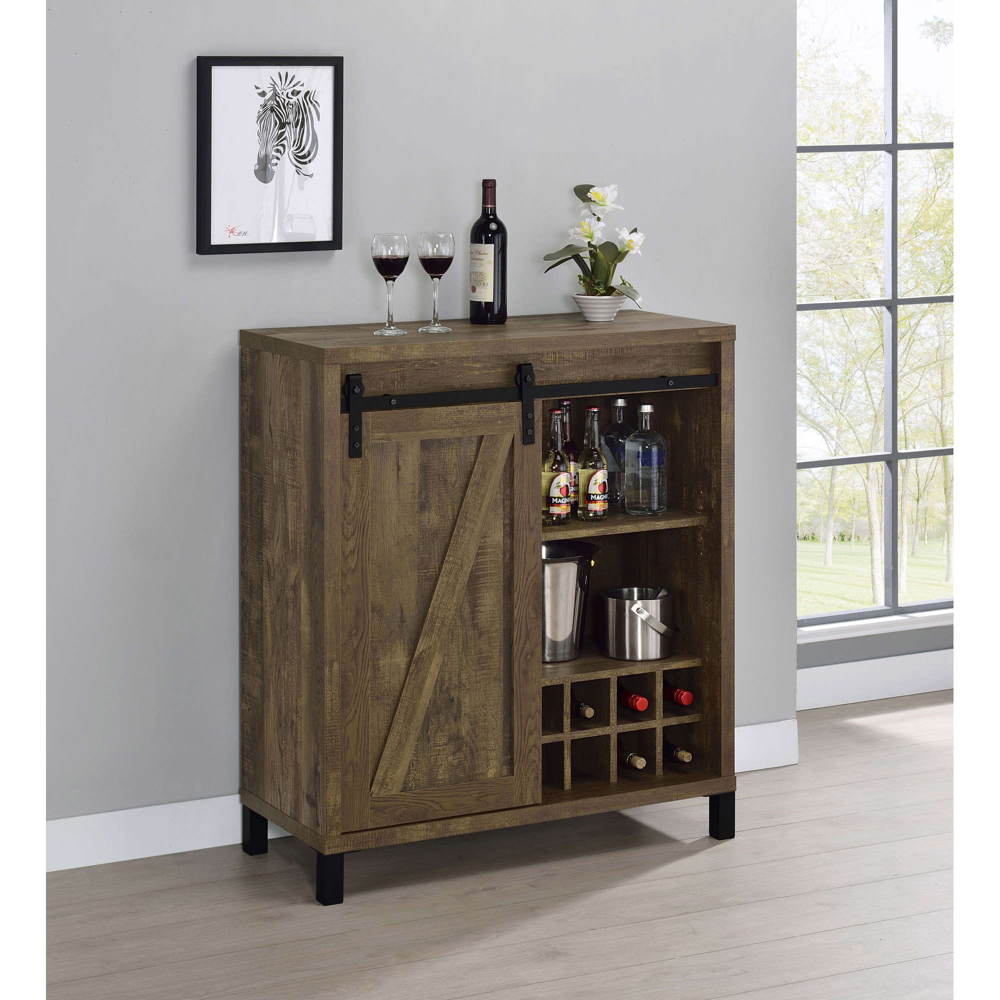 Rustic Oak Farmhouse Sliding Door Bar Cabinet for Dining Room