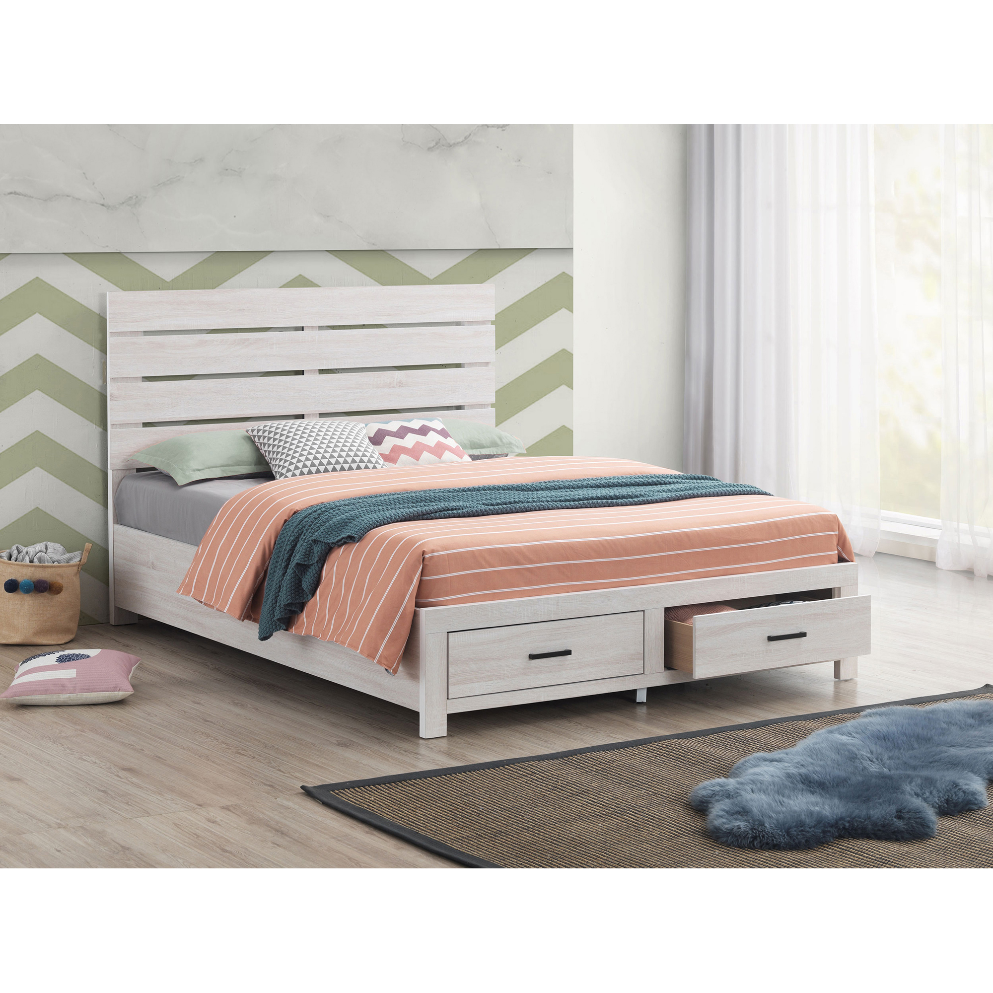 Queen White Storage Panel Bed - Wood Frame