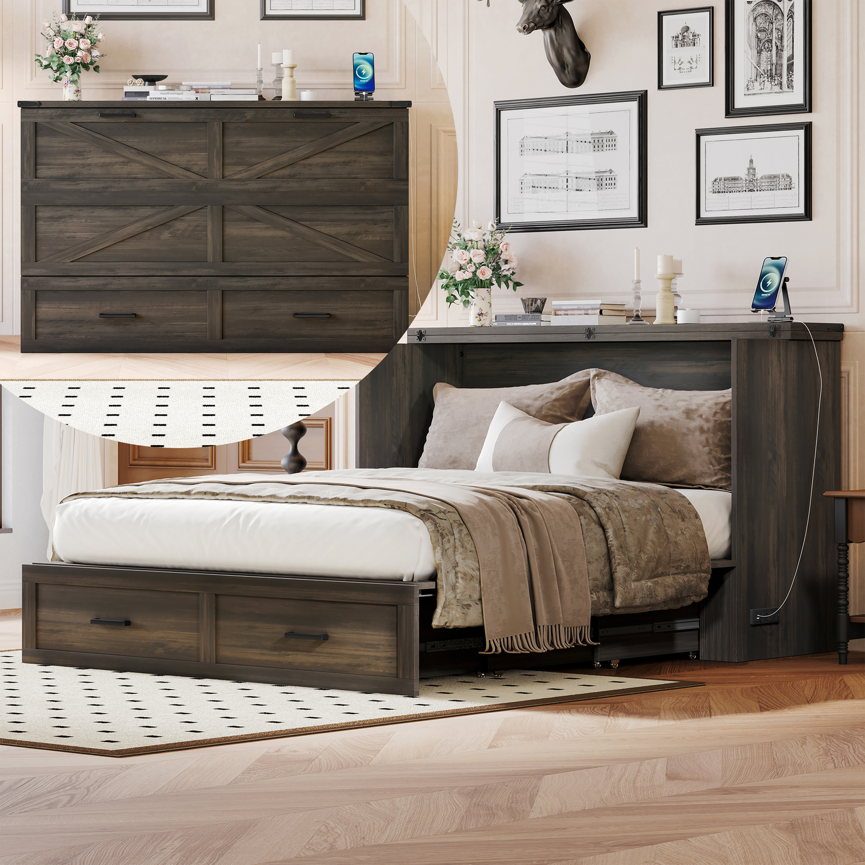 Queen Size Gray Wood Murphy Bed with Storage