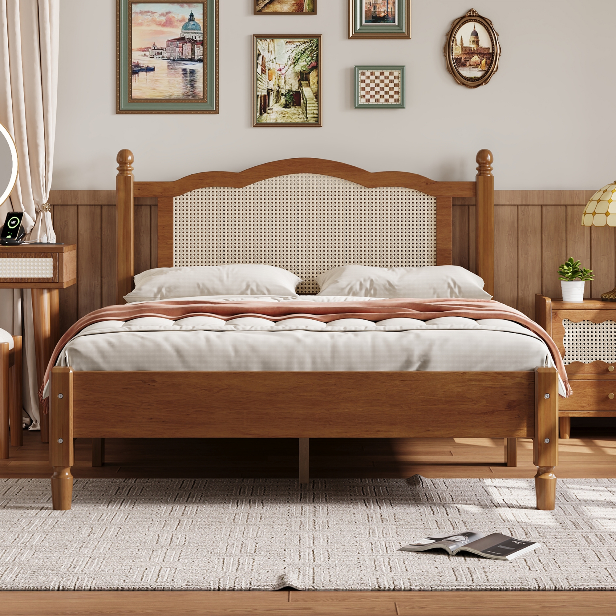Full Size Walnut Rattan Bed Frame for Bedrooms