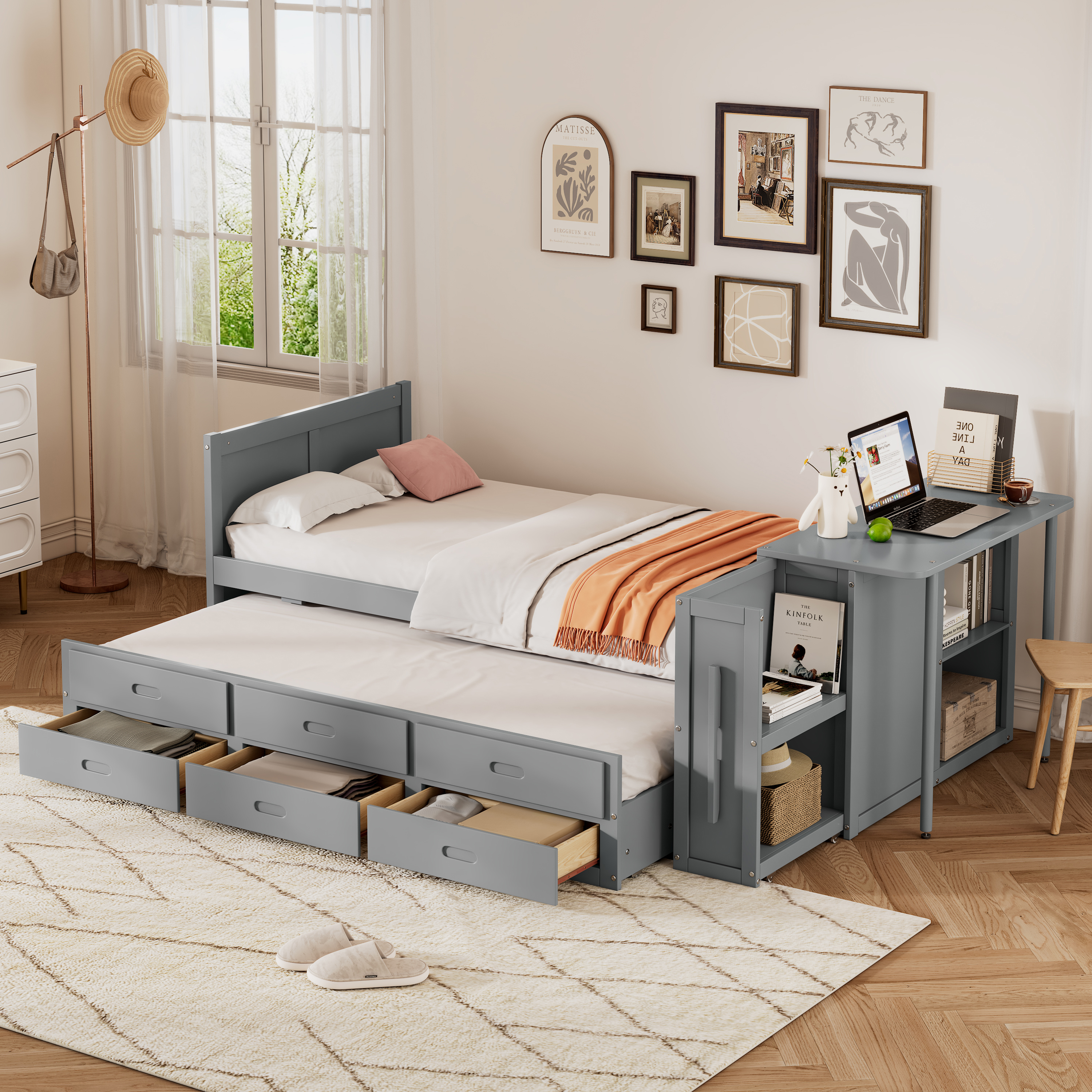 Twin Size Multifunctional Gray Wood Bed with Desk & Trundle