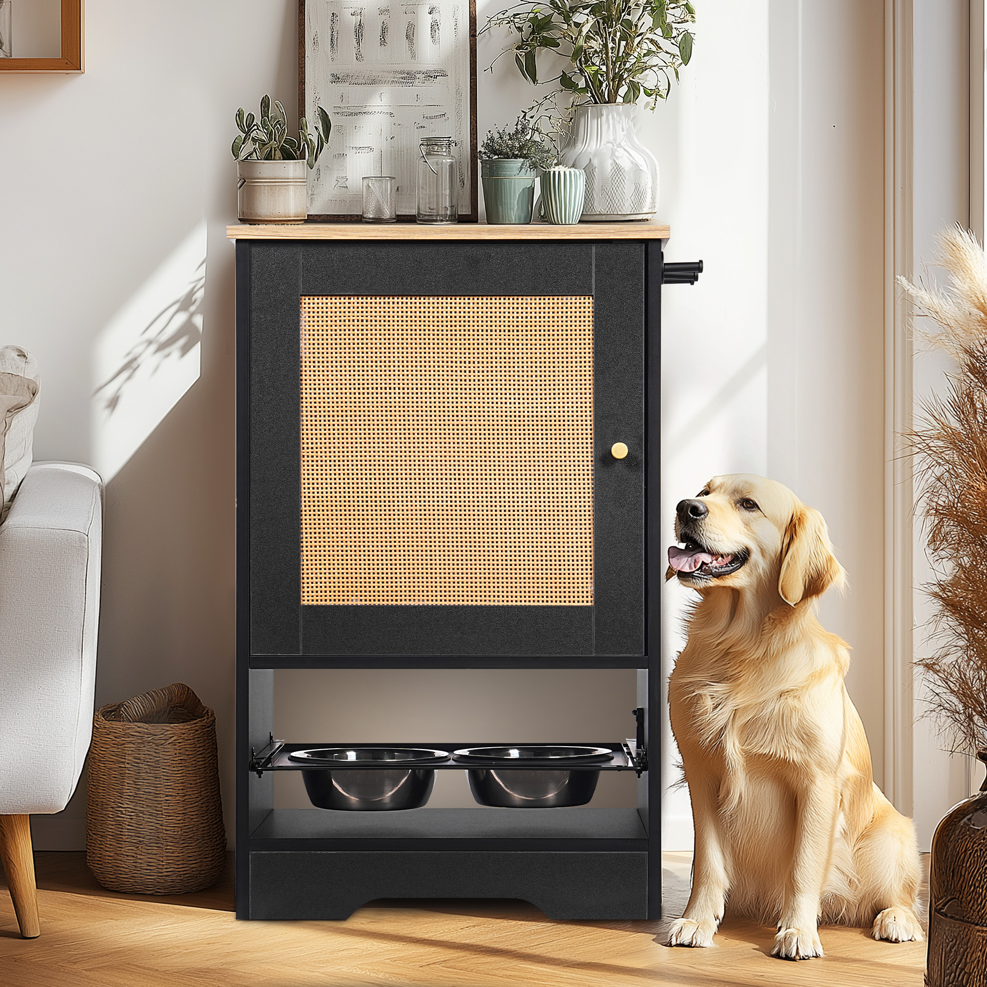 Black Vintage Dog Feeding Station with Storage