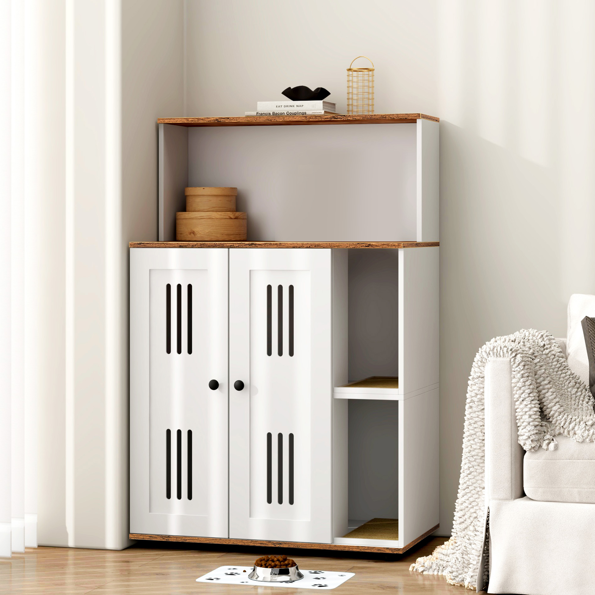 2 Cat Litter Box Cabinet - White Walnut Pet Bed