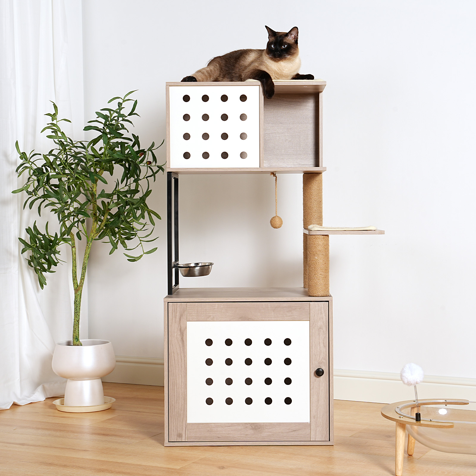 White Gray Cat Tree with Litter Box - Modern Condo for Cats
