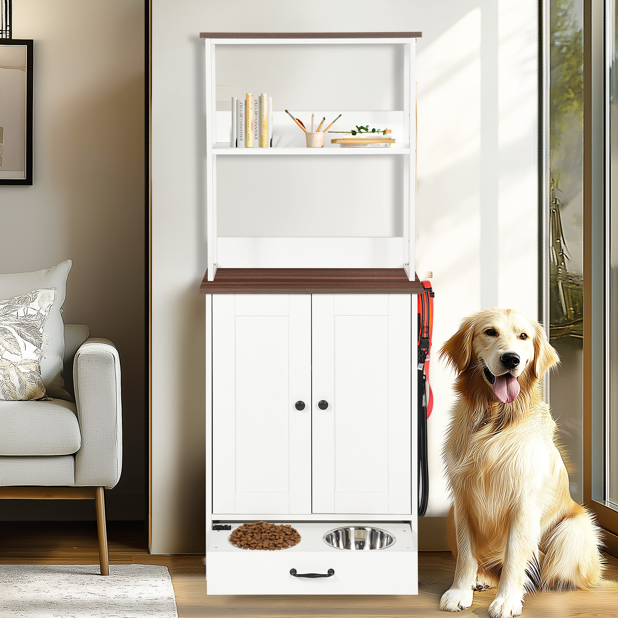 Dark Brown White Dog Feeding Station with Storage