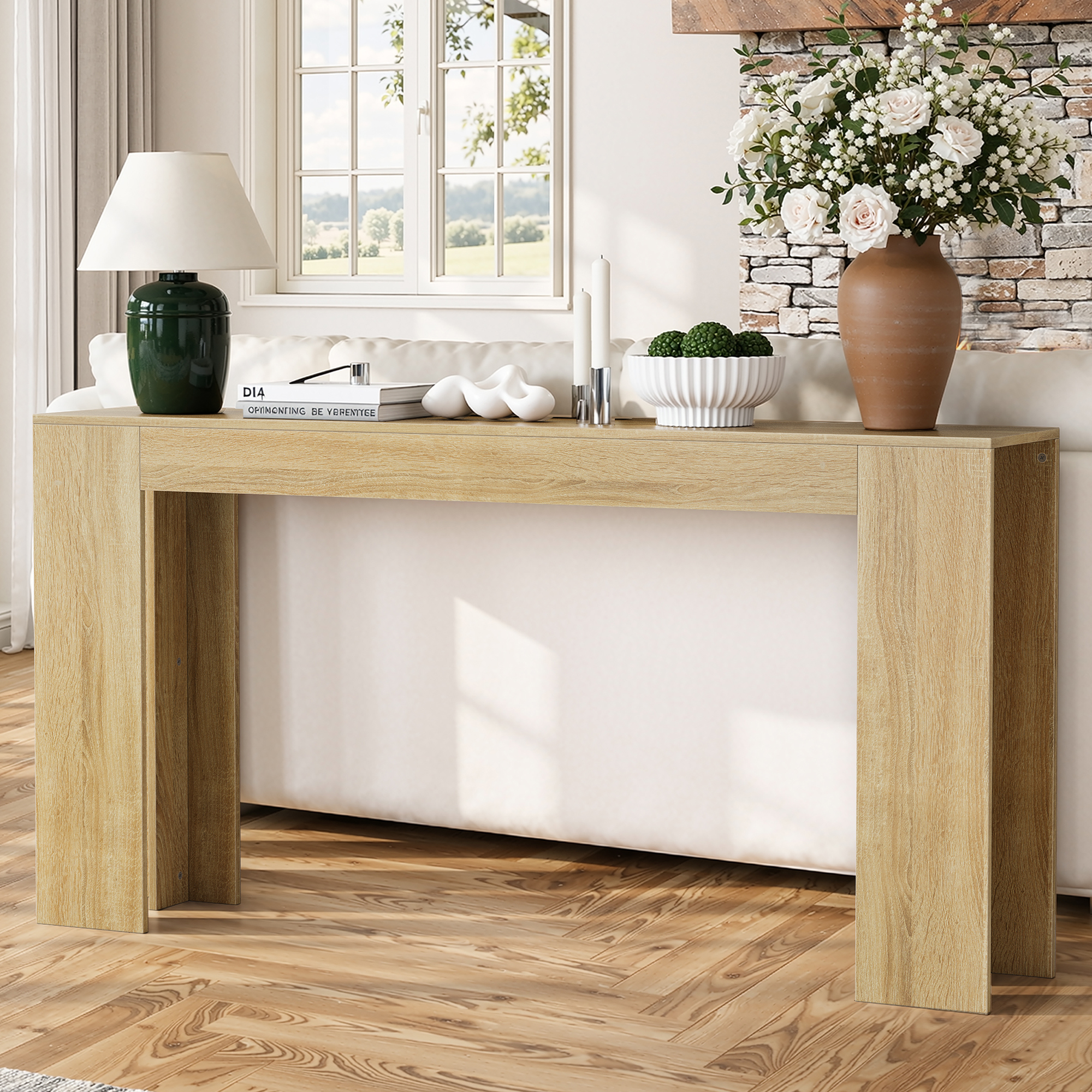 62.99" Oak Long Entryway Table - Farmhouse Style