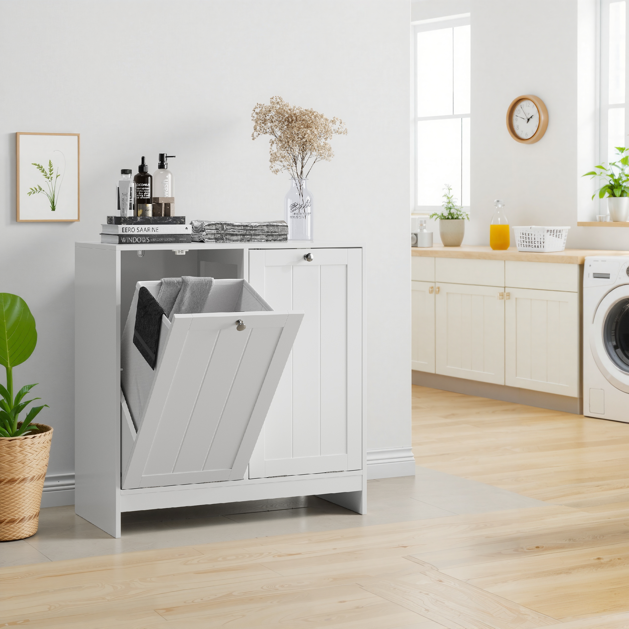 White Tilted Laundry Cabinet with Removable Basket - Freestanding Storage