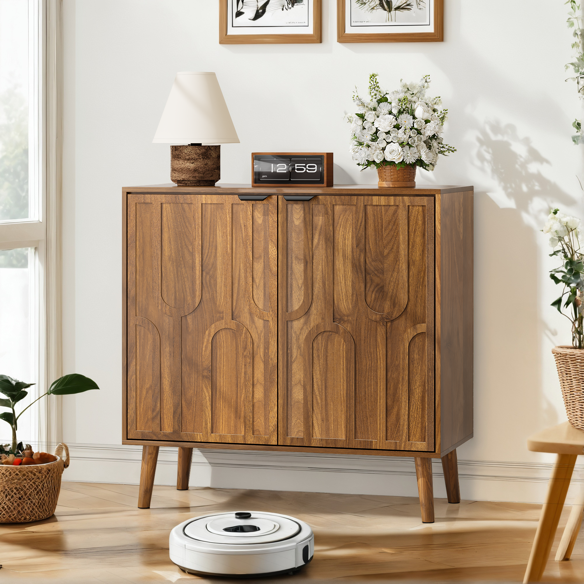 Walnut Farmhouse Sideboard Cabinet - Dining Storage