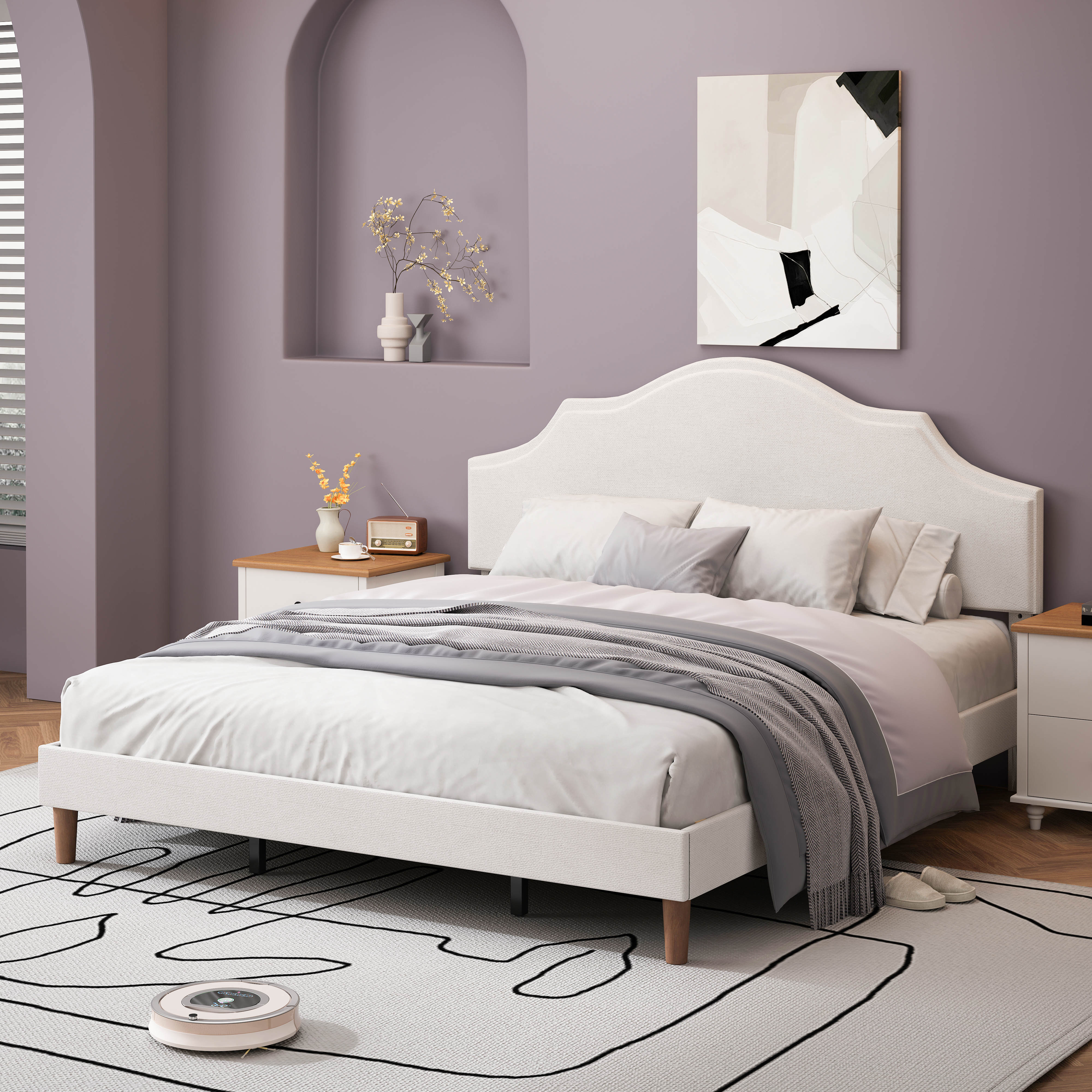 King Size Linen Upholstered Platform Bed Frame - White