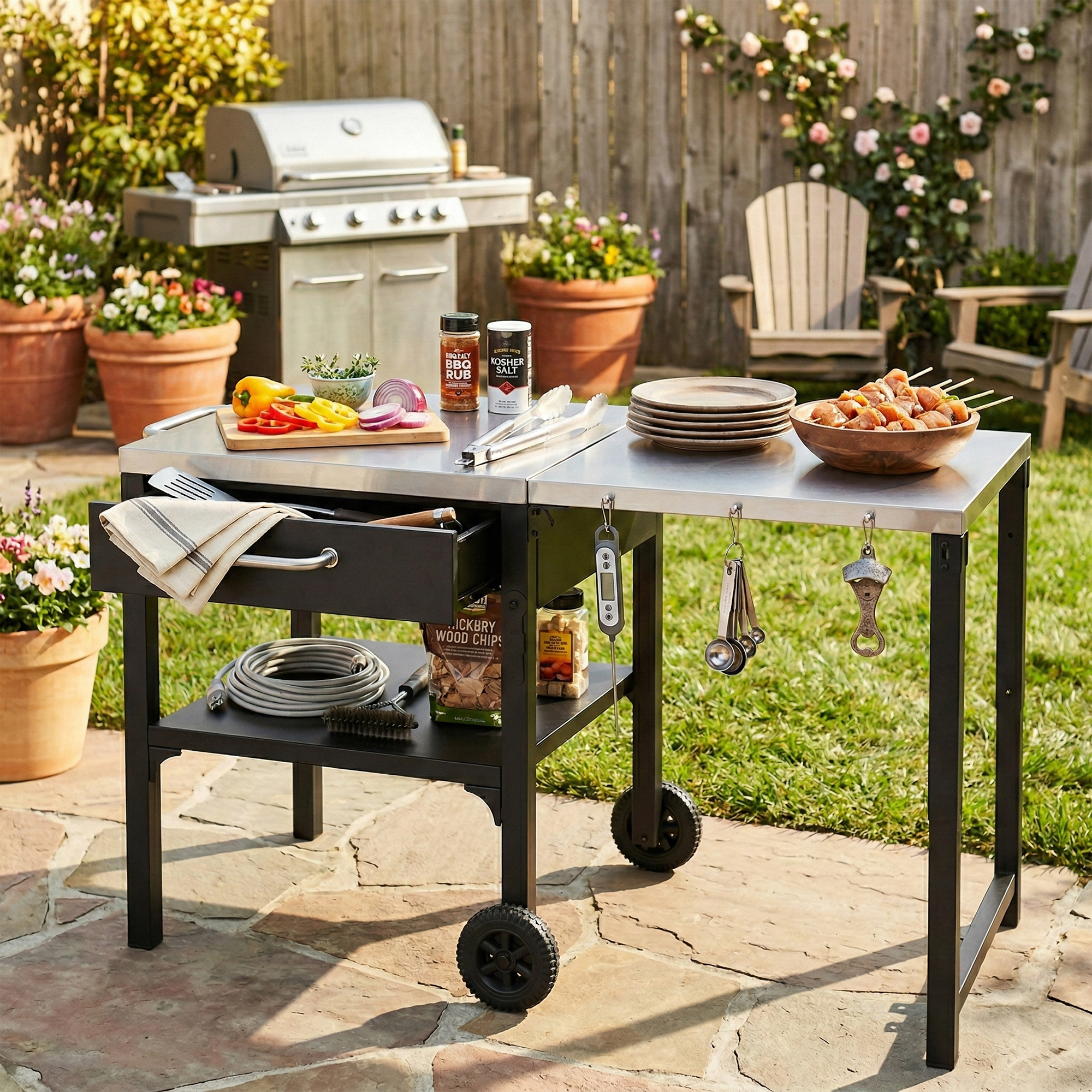 Black Iron Foldable Outdoor Kitchen Cart