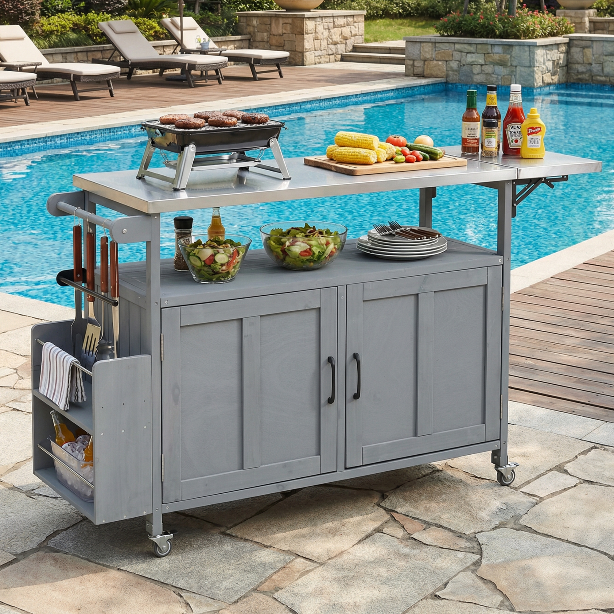Grey Foldable Outdoor Kitchen Island - Patio Storage