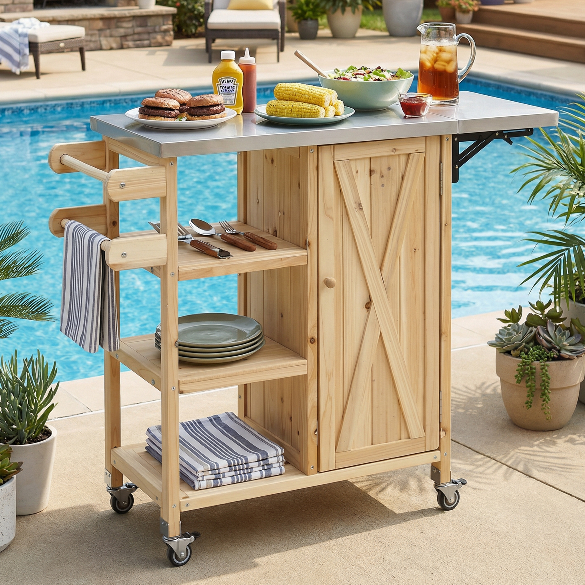 Natural Wood Outdoor Kitchen Island - Foldable Patio Cart