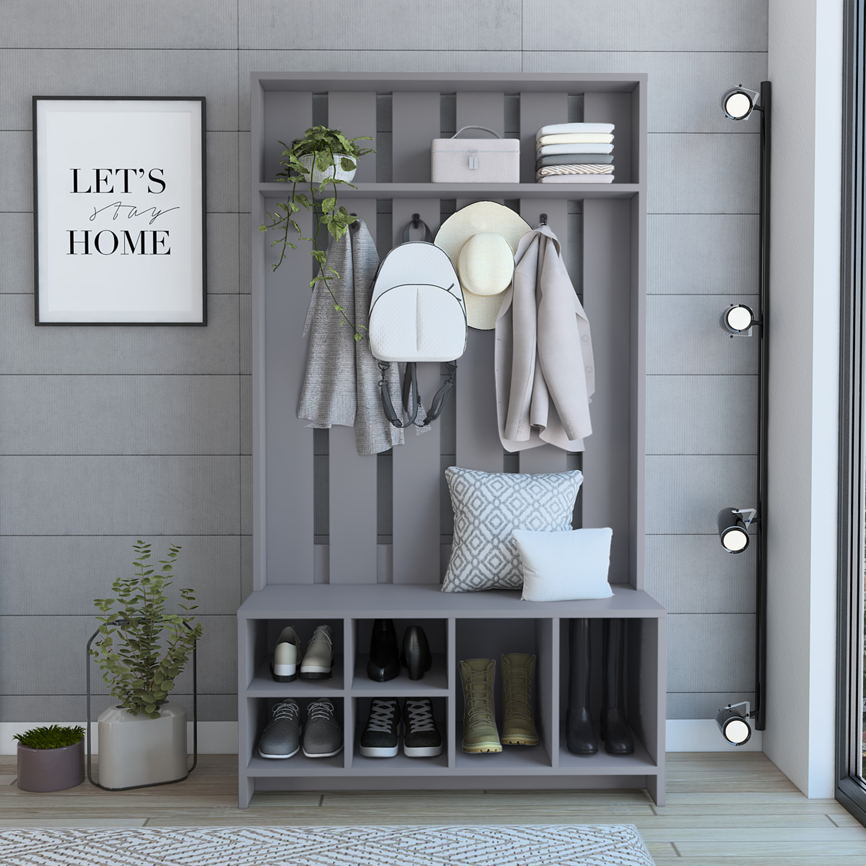 38" Wide Hall Tree with Shoe Storage - Grey