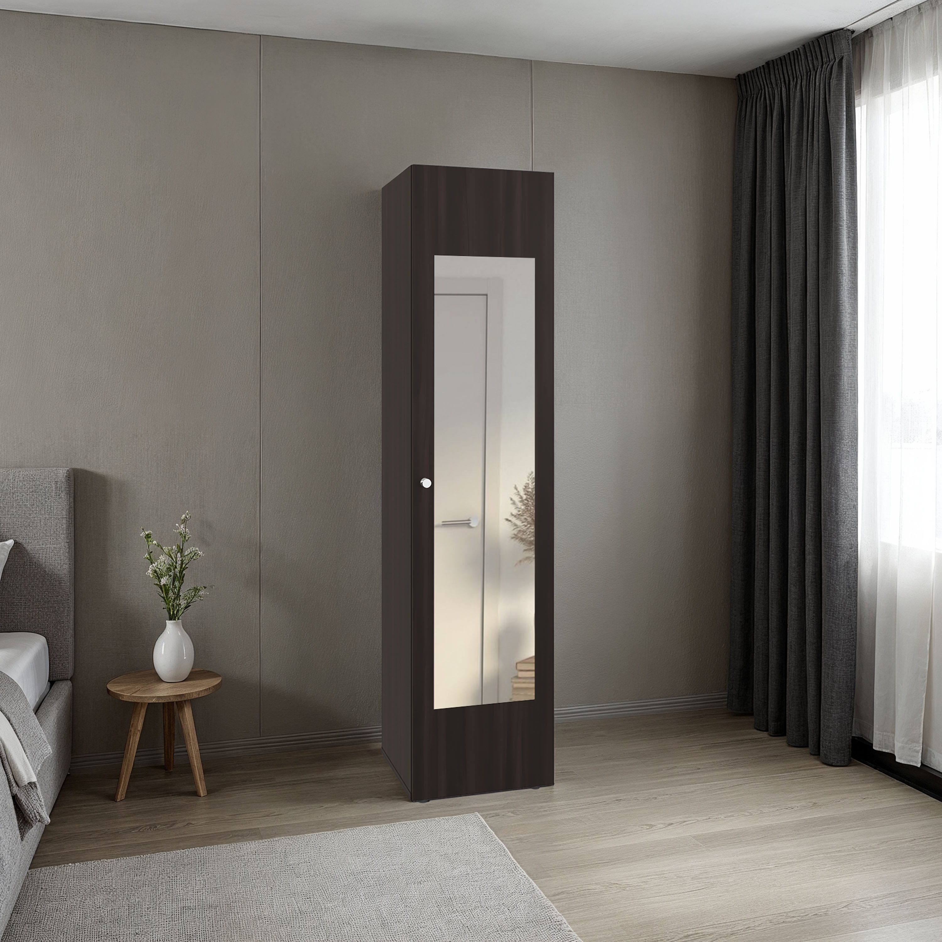 Brown Oak Tall Cabinet with Mirror - 3-4 Drawers